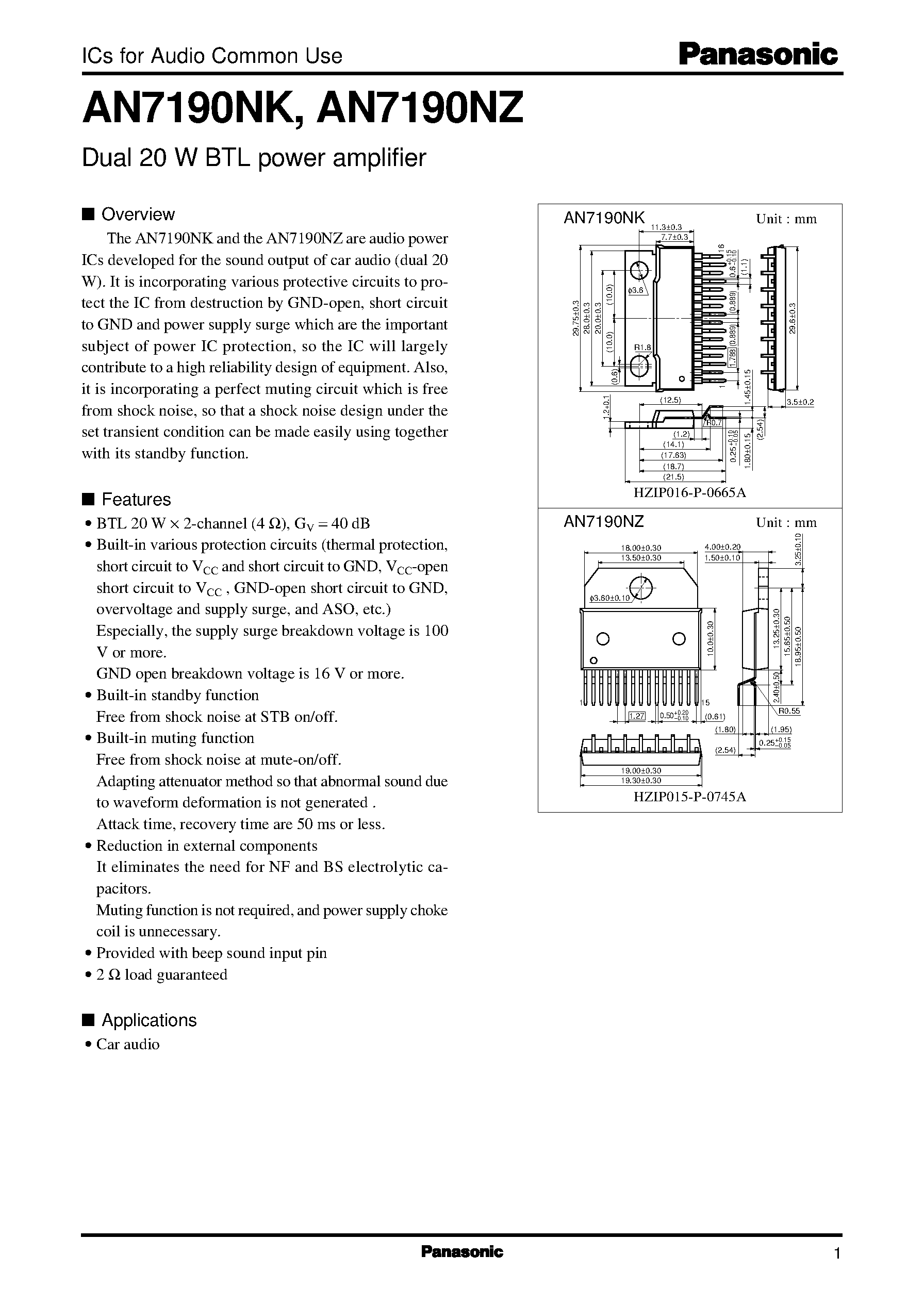 Даташит AN7190 - Dual 20 W BTL power amplifier страница 1