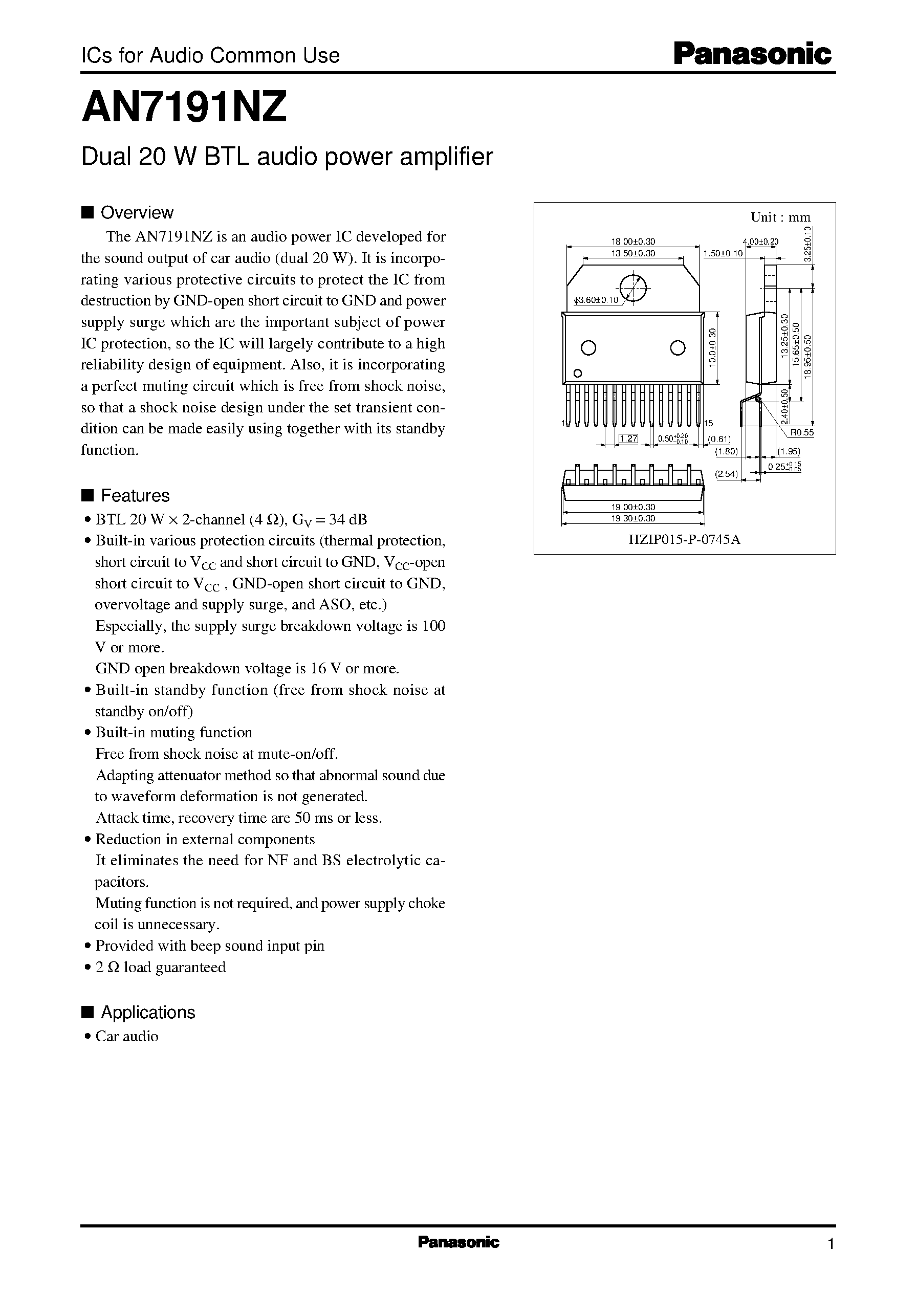 Даташит AN7191NZ - Dual 20 W BTL audio power amplifier страница 1