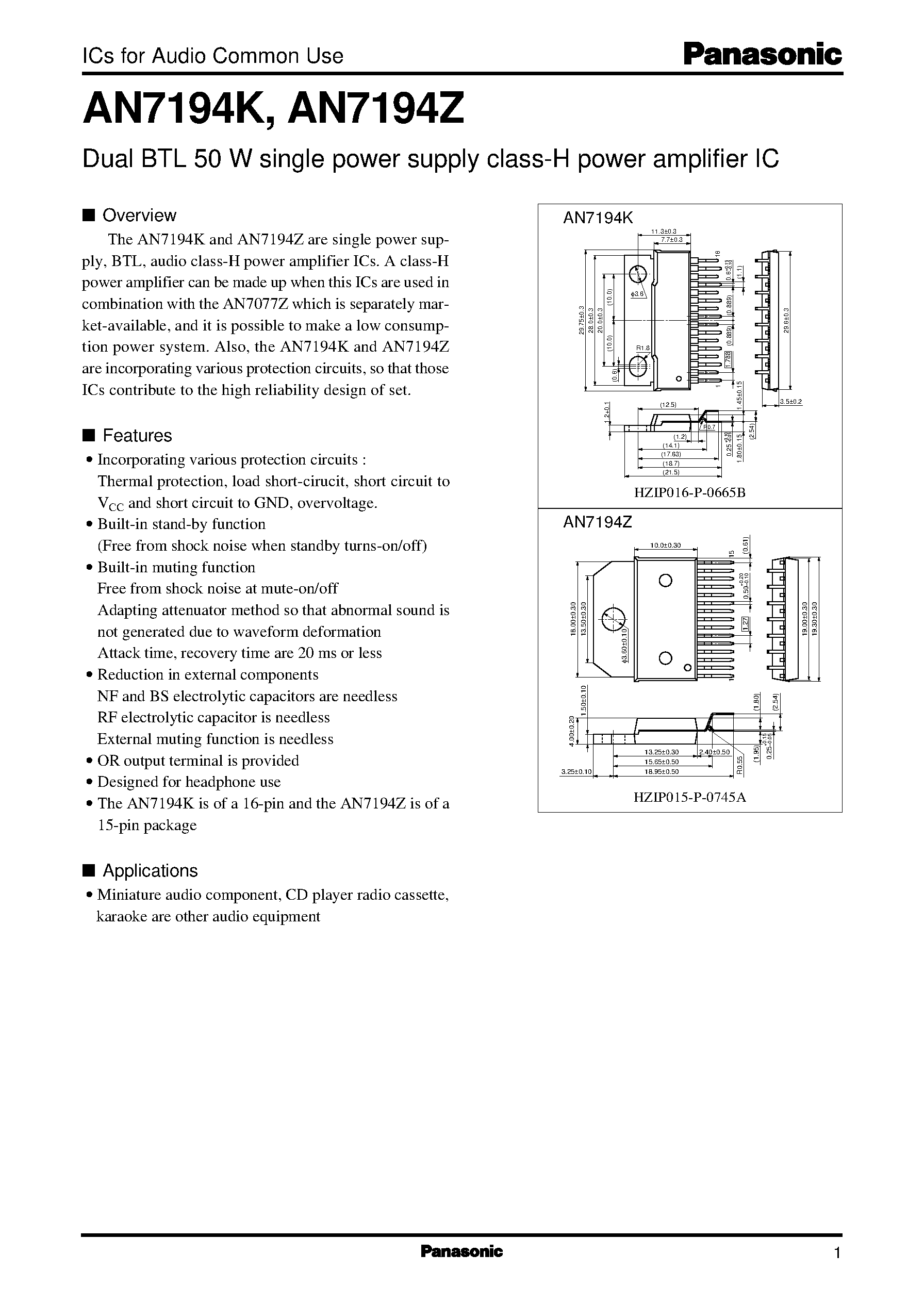 Даташит AN7194K - Dual BTL 50 W single power supply class-H power amplifier IC страница 1