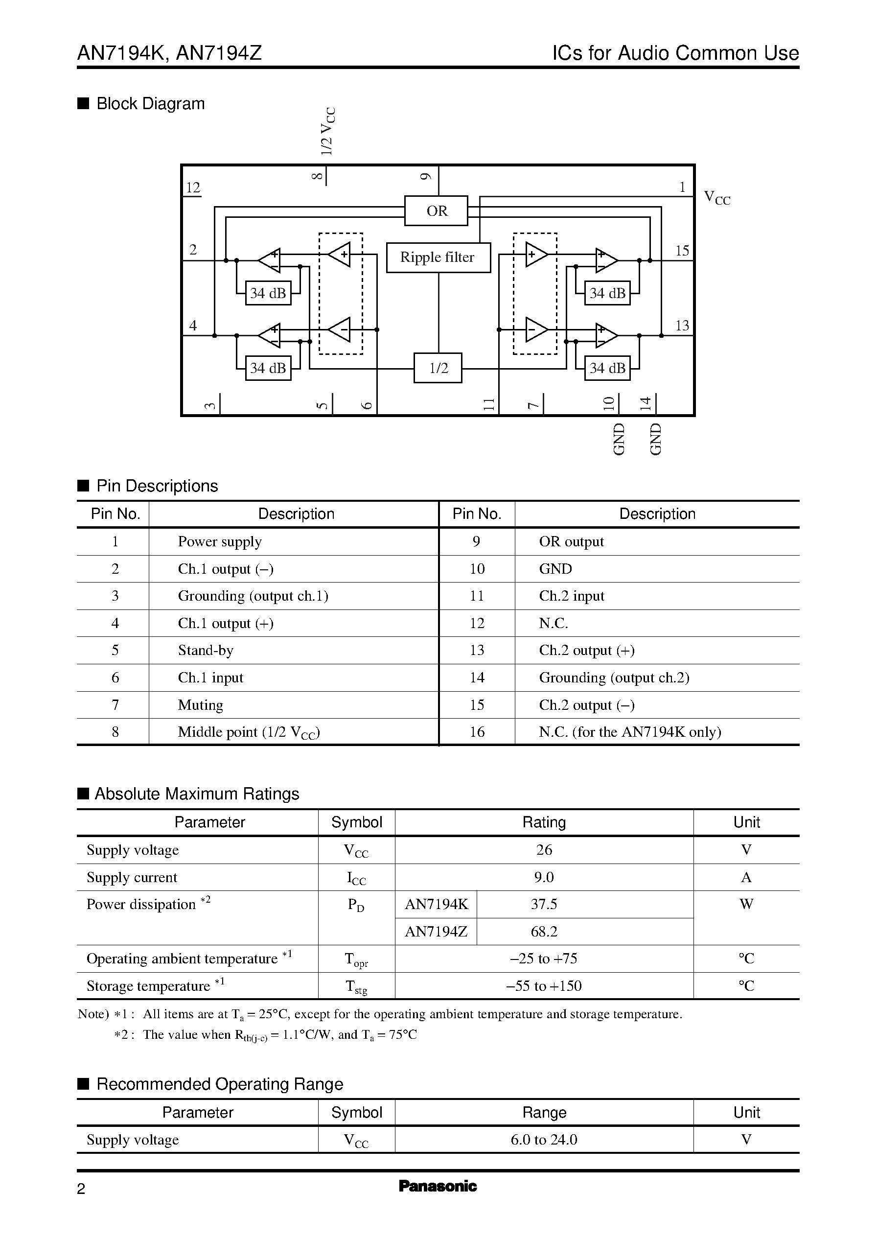 Даташит AN7194K - Dual BTL 50 W single power supply class-H power amplifier IC страница 2