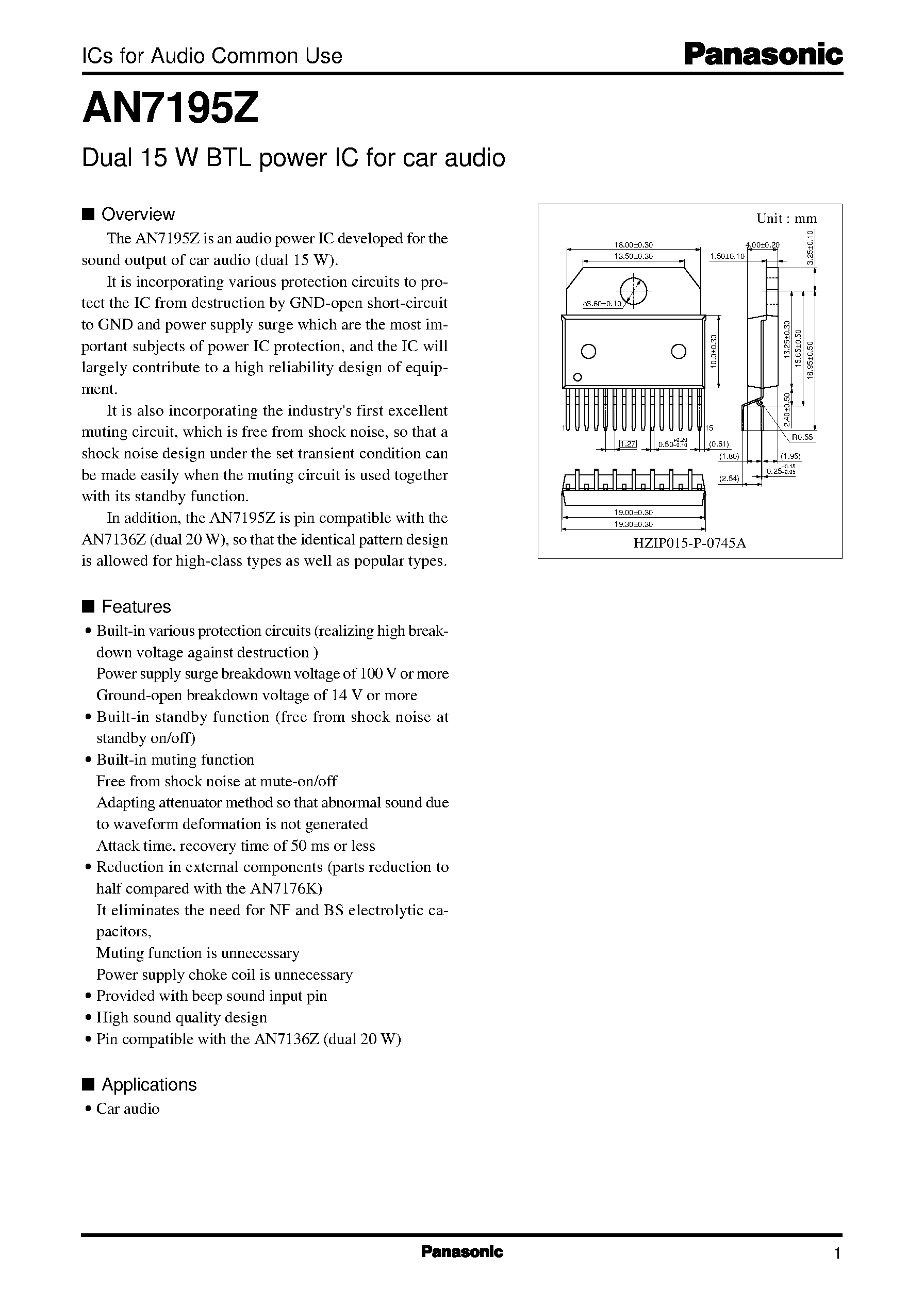 Даташит AN7195Z - Dual 15 W BTL power IC for car audio страница 1