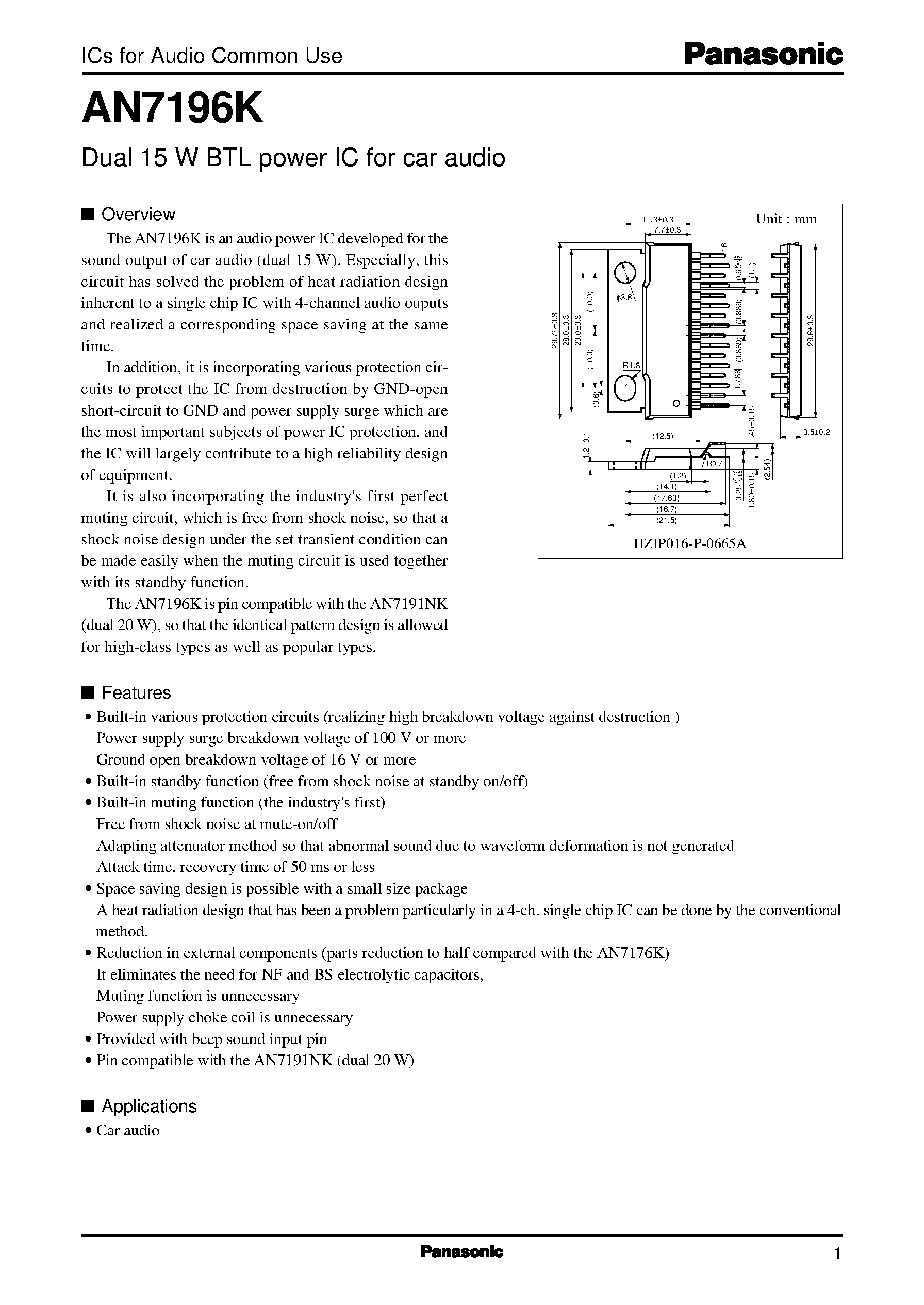 Даташит AN7196 - Dual 15 W BTL power IC for car audio страница 1