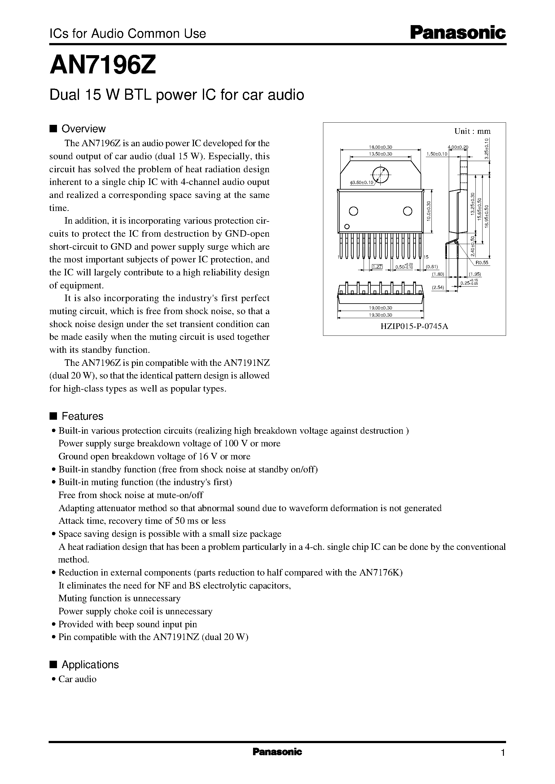 Даташит AN7196Z - Dual 15 W BTL power IC for car audio страница 1