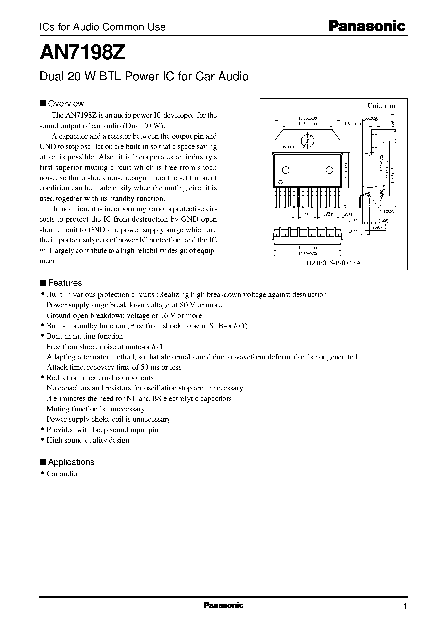 Даташит AN7198Z - Dual 20 W BTL Power IC for Car Audio страница 1