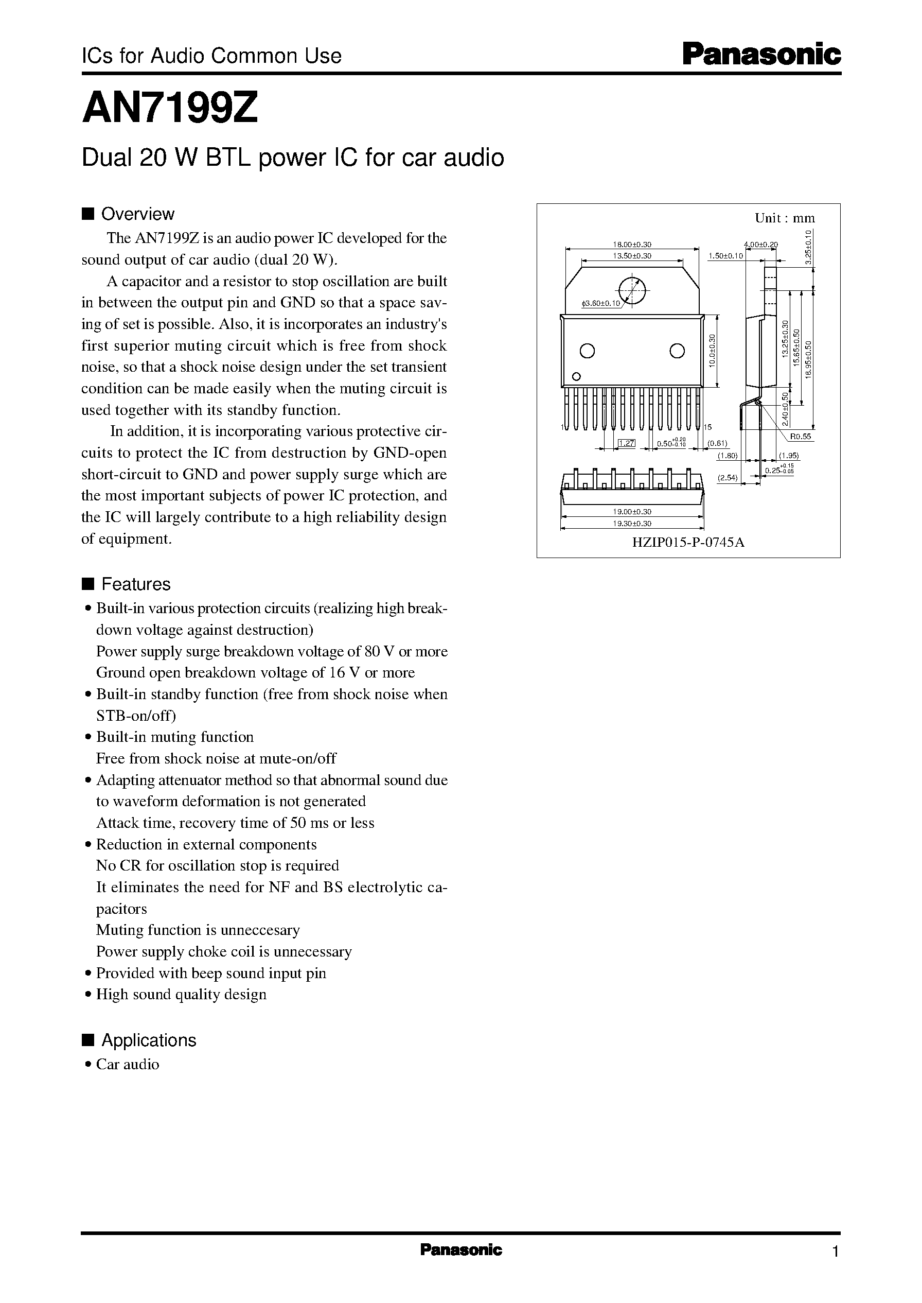 Даташит AN7199 - Dual 20 W BTL power IC for car audio страница 1