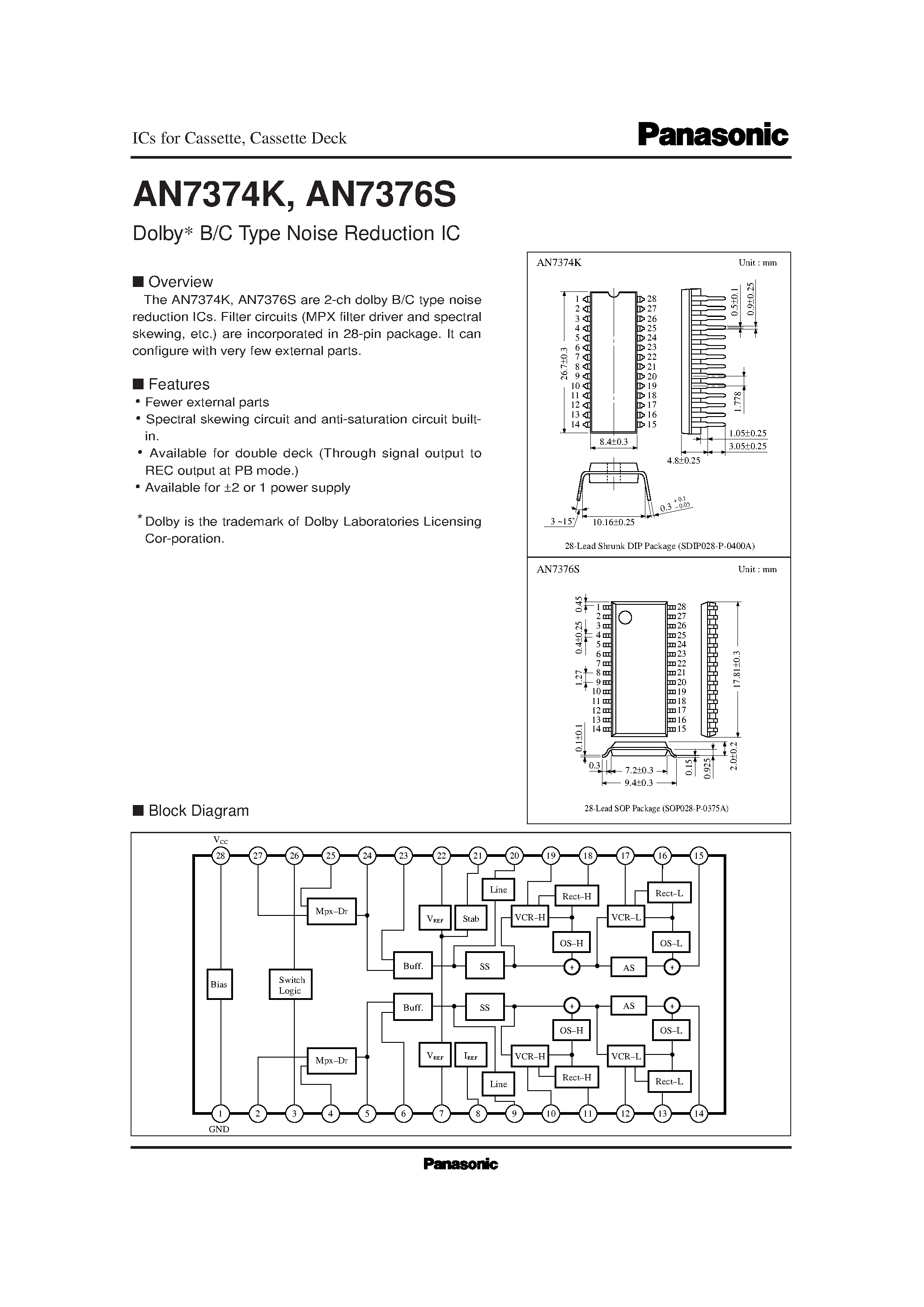 Datasheet AN7374K - Dolby B/C Type Noise Reduction IC page 1