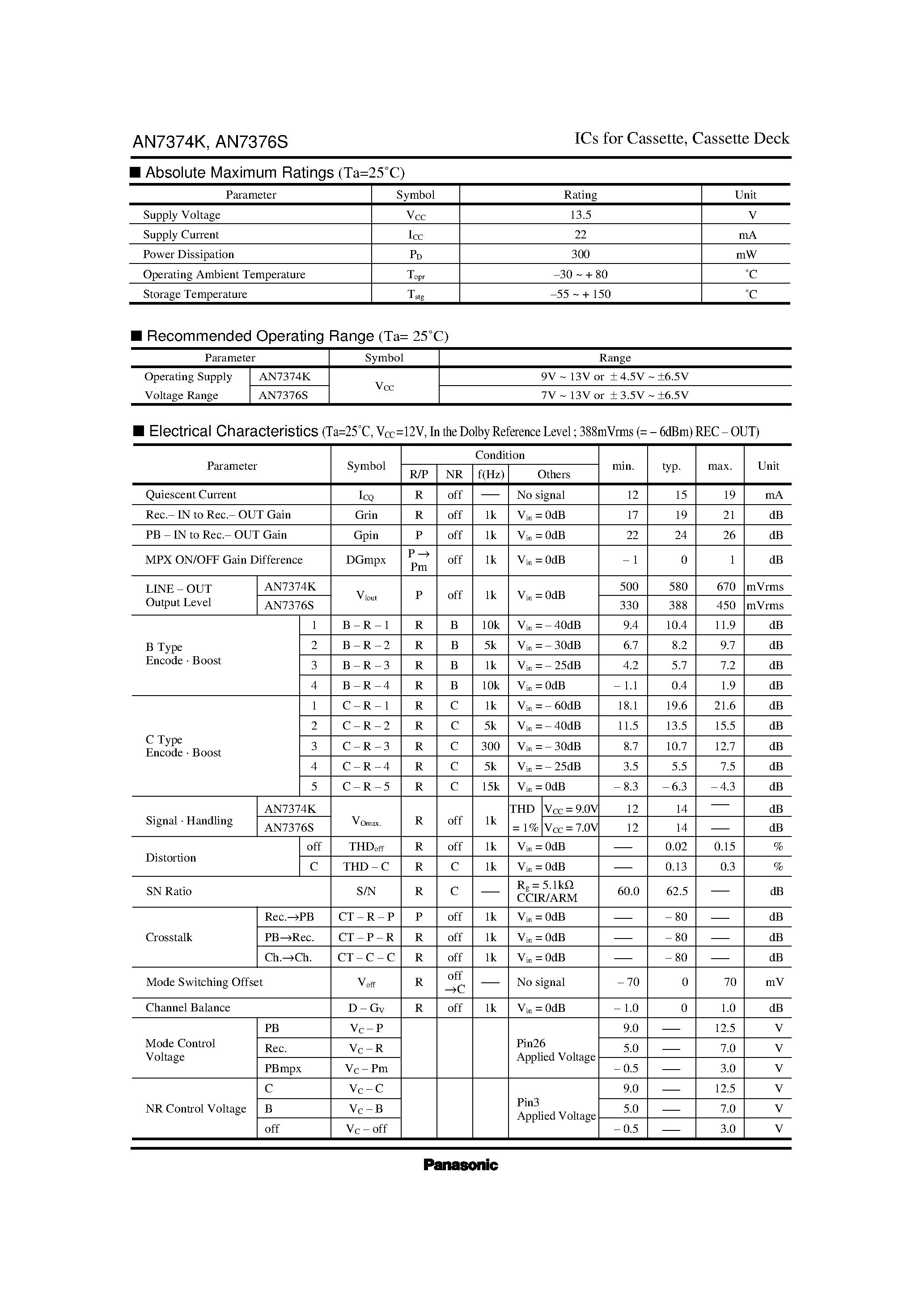 Datasheet AN7374K - Dolby B/C Type Noise Reduction IC page 2