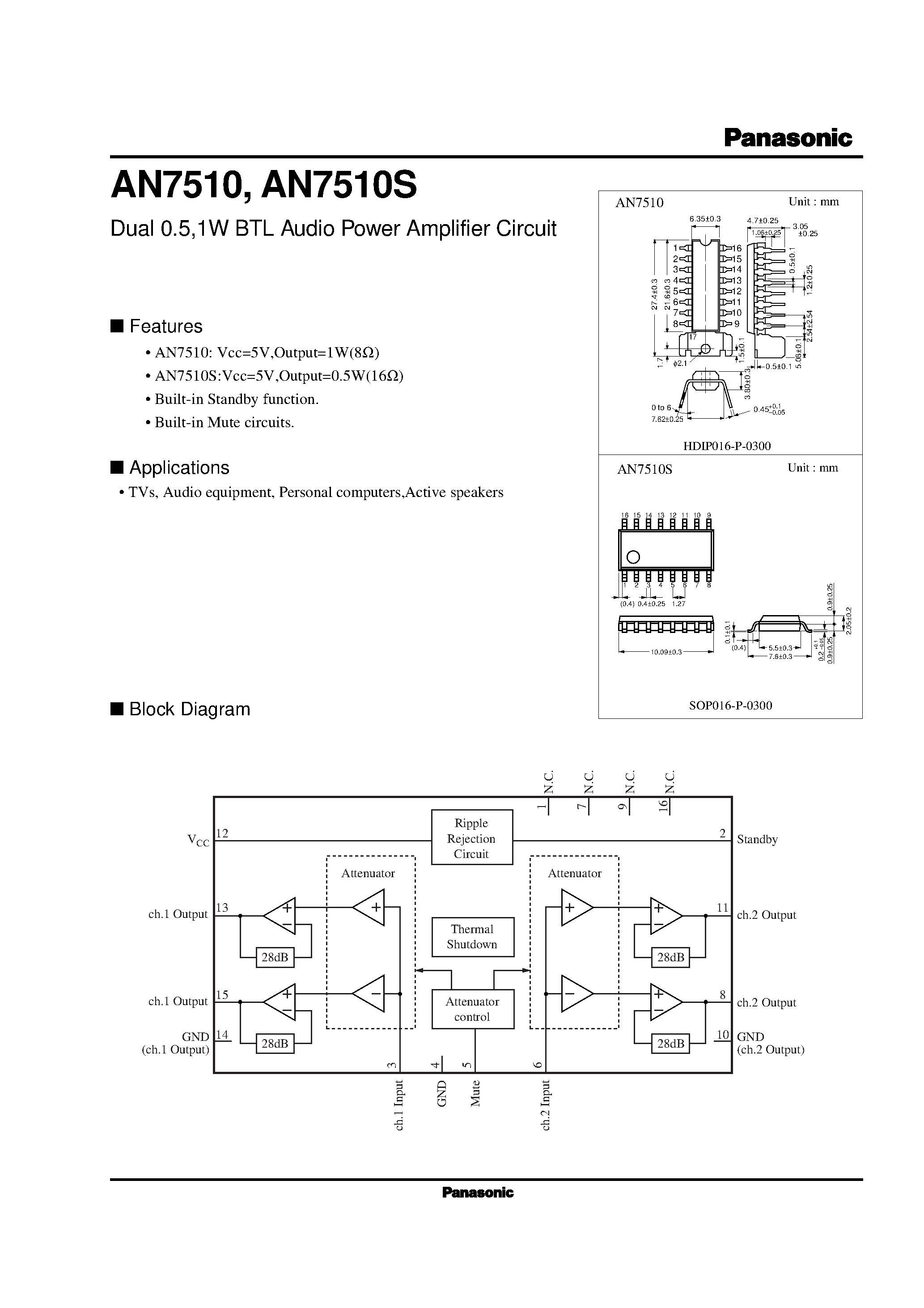 Даташит AN7511S - 1-W BTL audio power amplifier страница 2