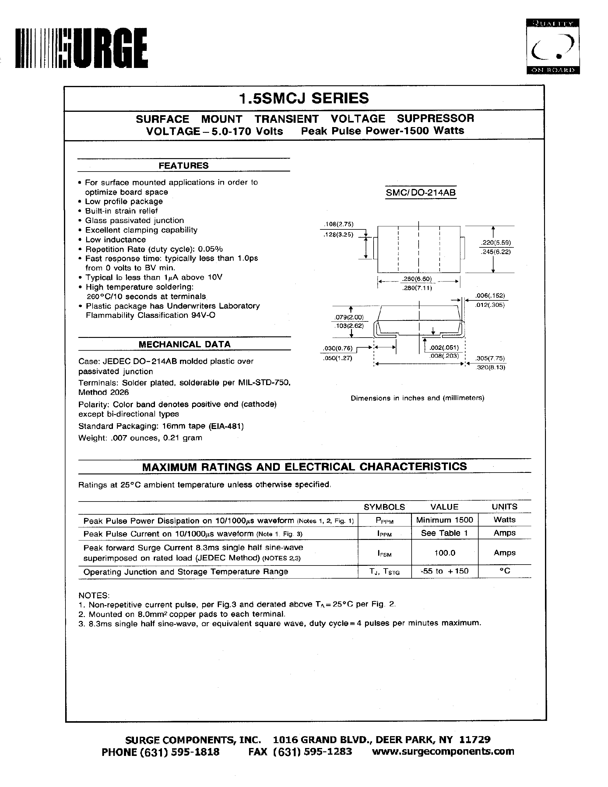 Даташит 1.5SMCJ8.0 - SURFACE MOUNT TRANSIENT VOLTAGE SUPPRESSOR VOLTAGE-5.0-170Volts страница 1