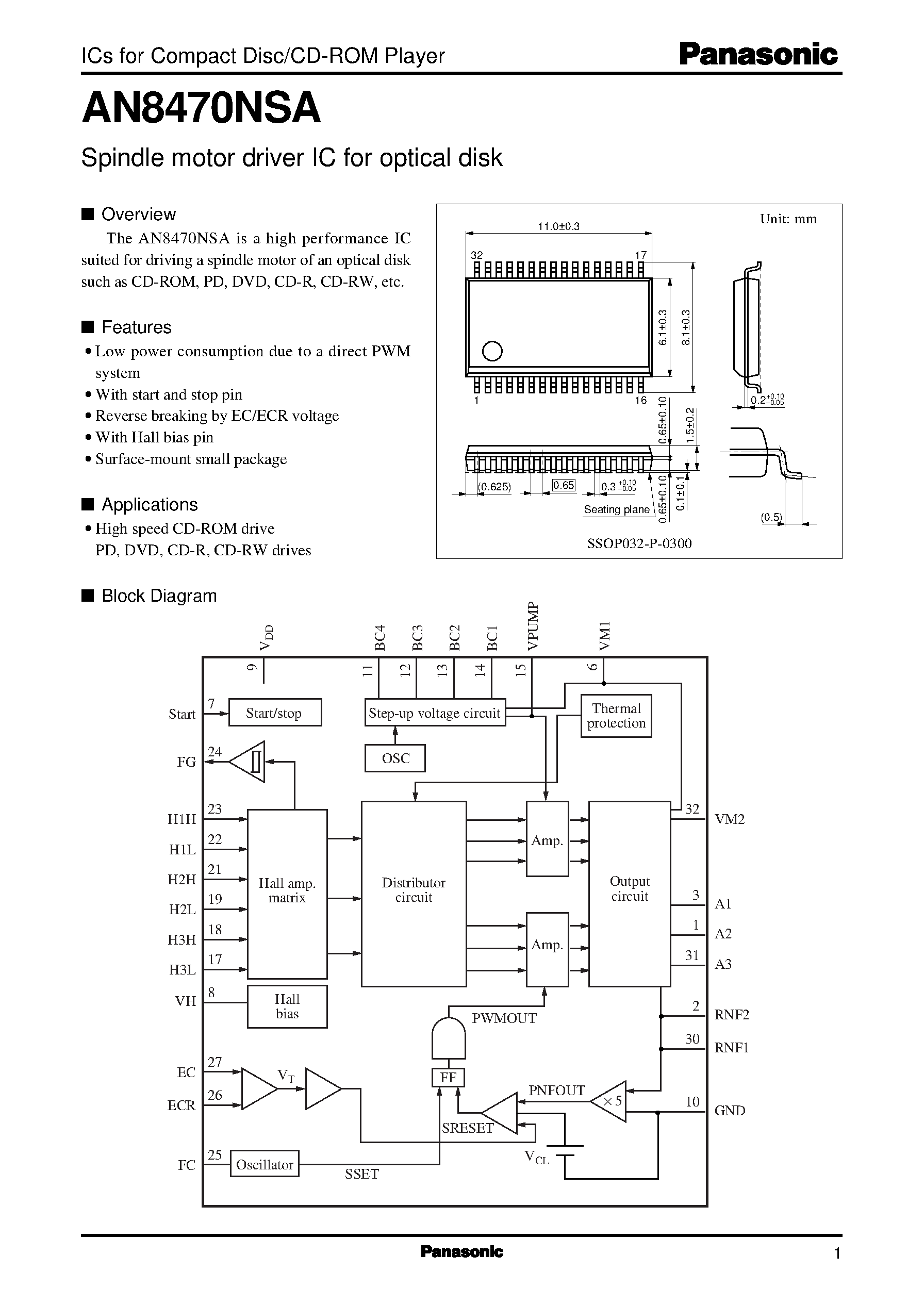 Даташит AN8470NSA - Spindle motor driver IC for optical disk страница 1