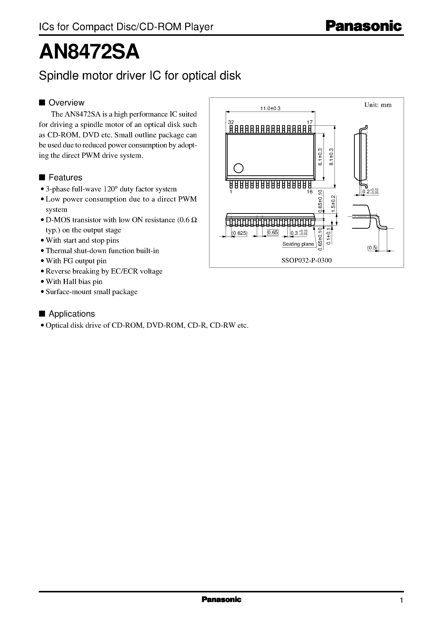 Даташит AN8472SA - Spindle motor driver IC for optical disk страница 1