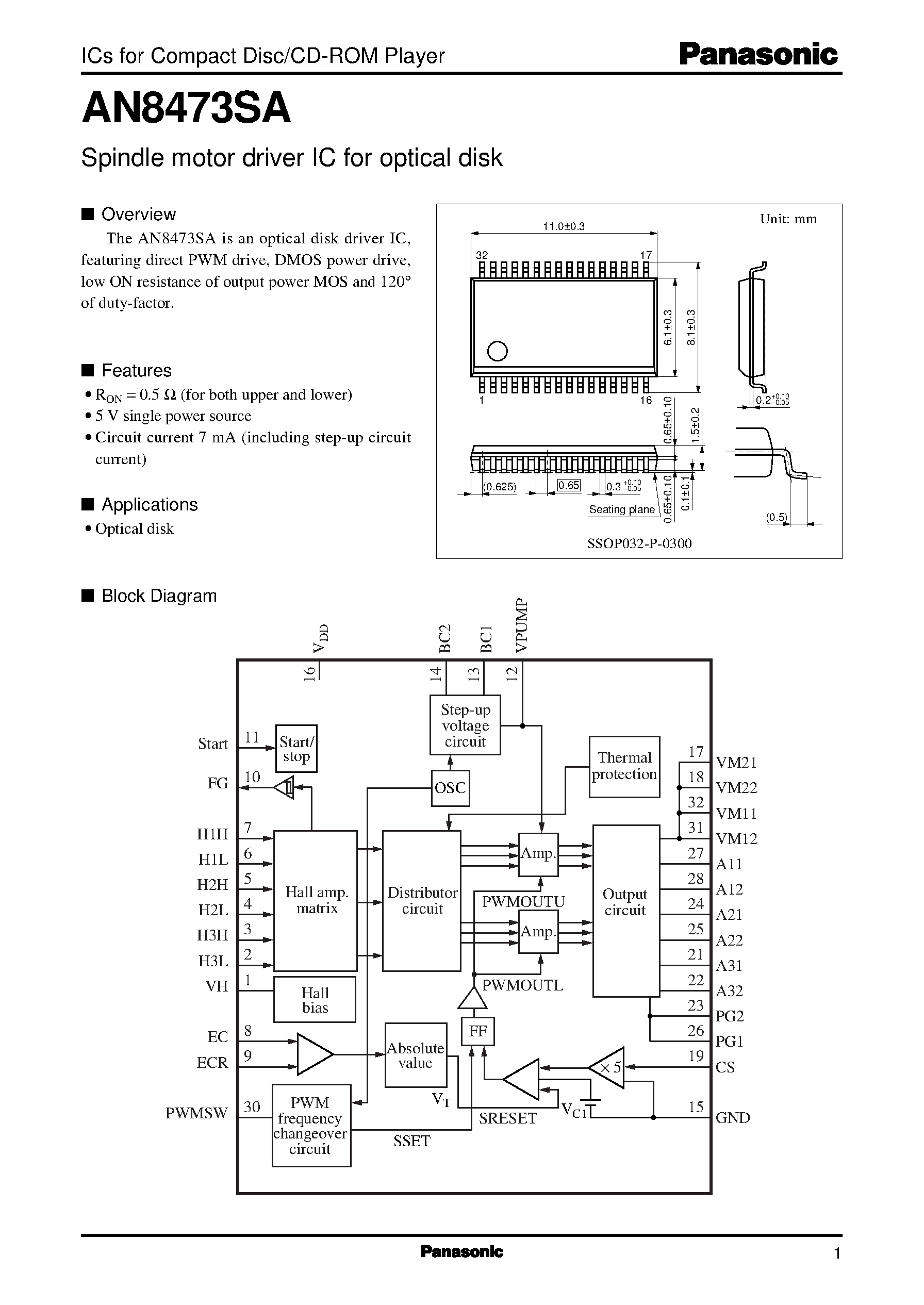 Даташит AN8473SA - Spindle motor driver IC for optical disk страница 1