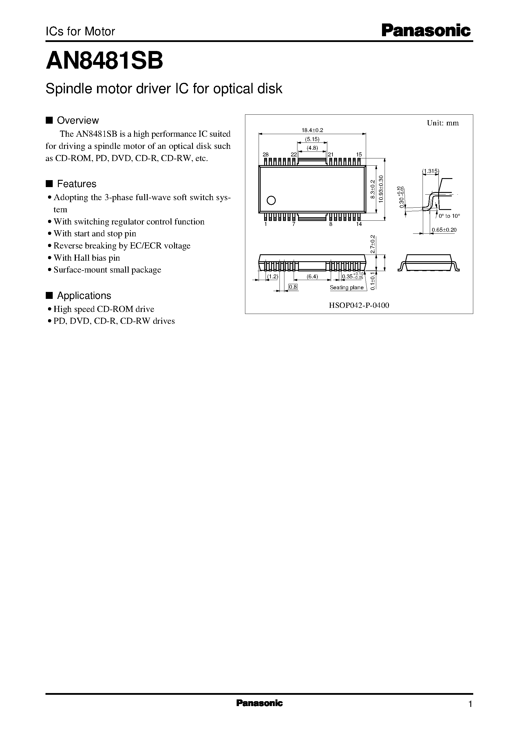 Даташит AN8481SB - Spindle motor driver IC for optical disk страница 1