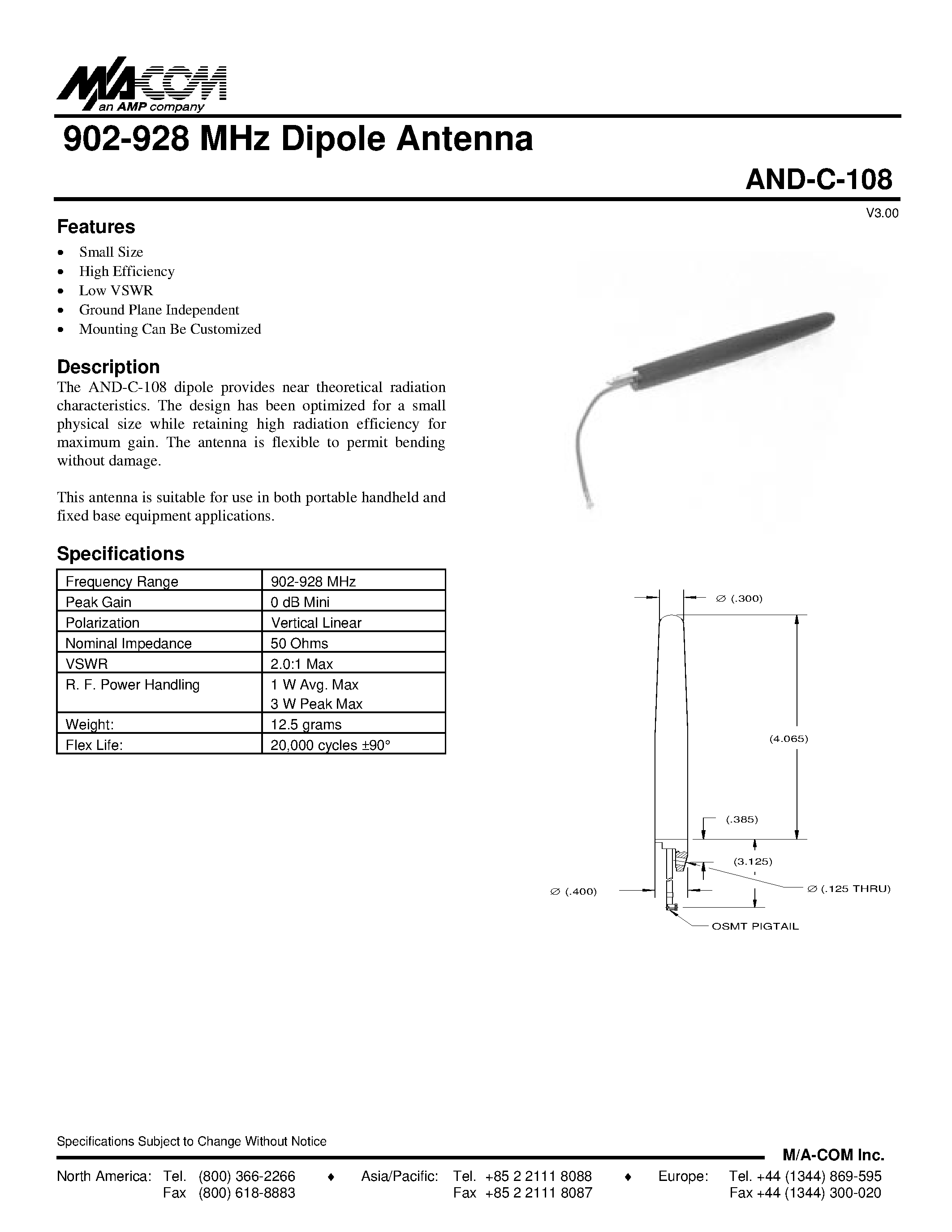 Datasheet AND-C-108 - 902-928 MHz Dipole Antenna page 1