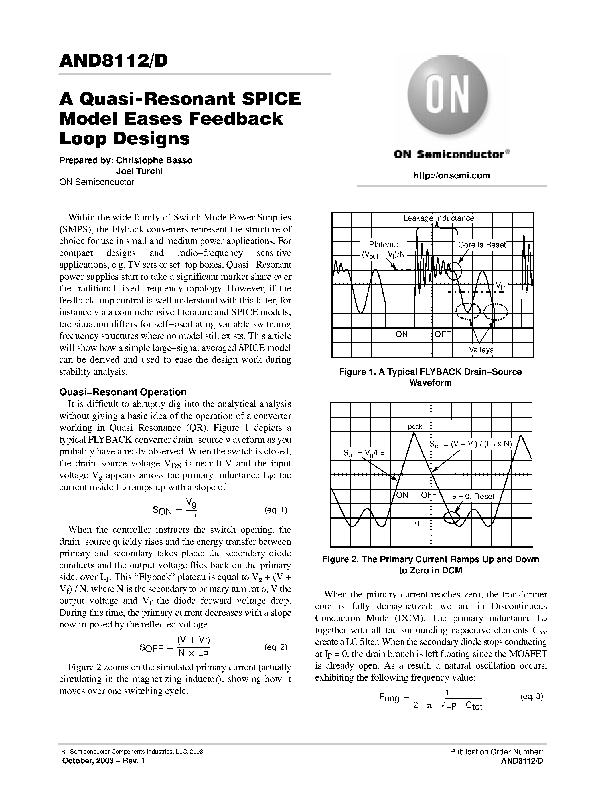 Даташит AND8112 - A Quasi-Resonant SPICE Model Eases Feedback Loop Designs страница 1