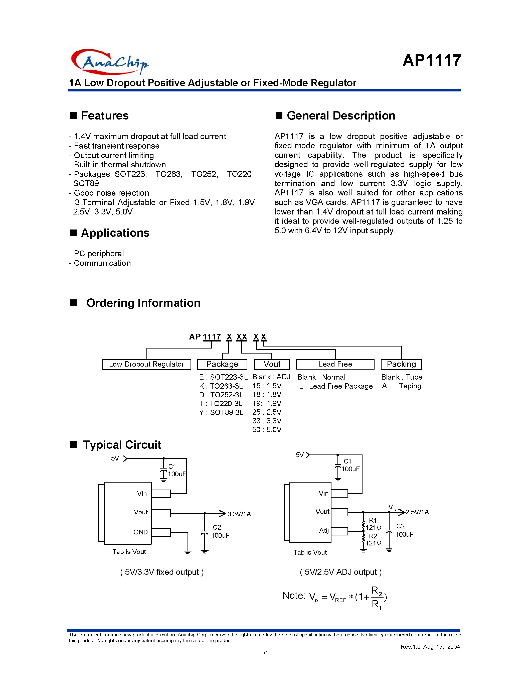 Даташит AP1117-1.8 - 1A Low Dropout Positive Adjustable or Fixed-Mode Regulator страница 1