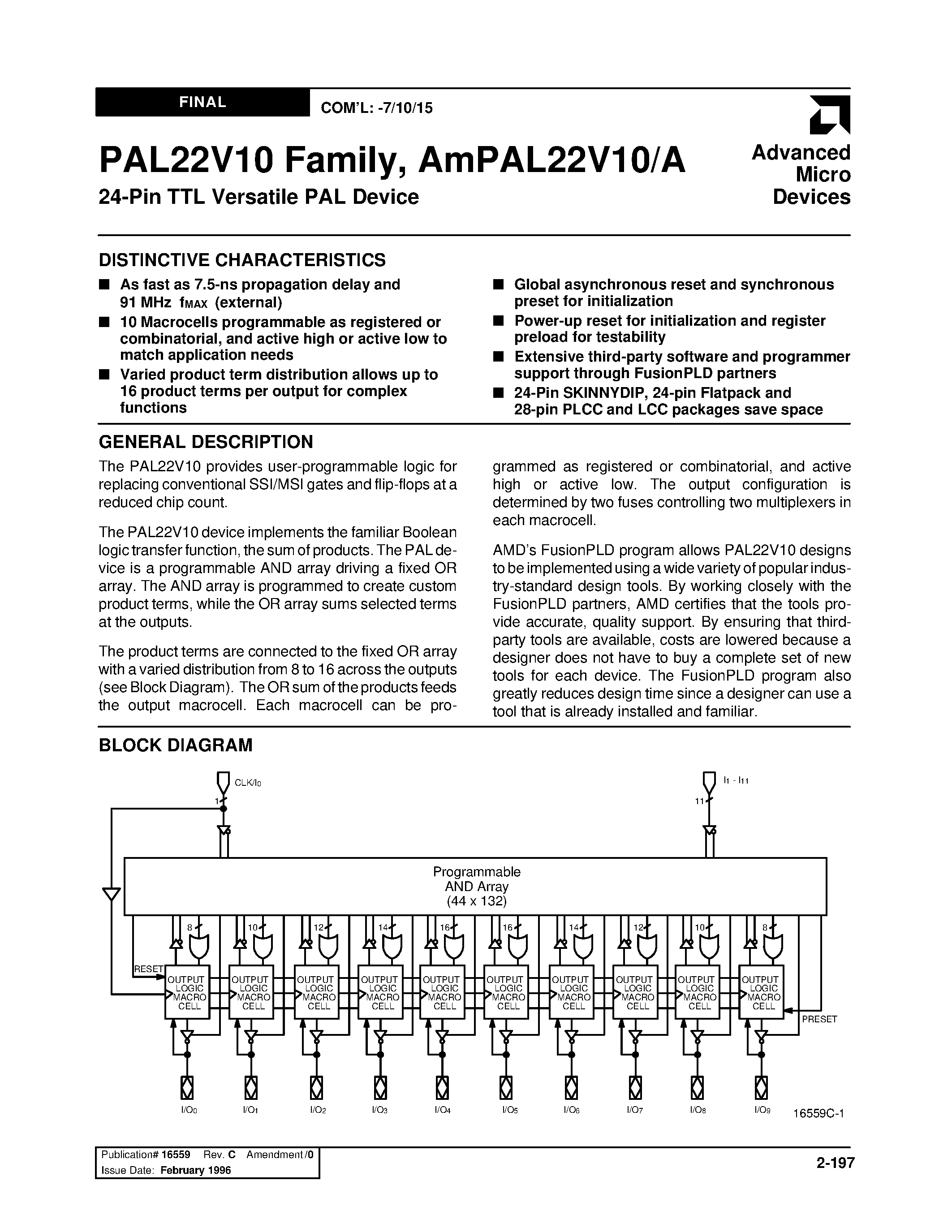 Даташит AMPAL22V10 - PAL22V10 Family/ AmPAL22V10/A 24-Pin TTL Versatile PAL Device страница 1