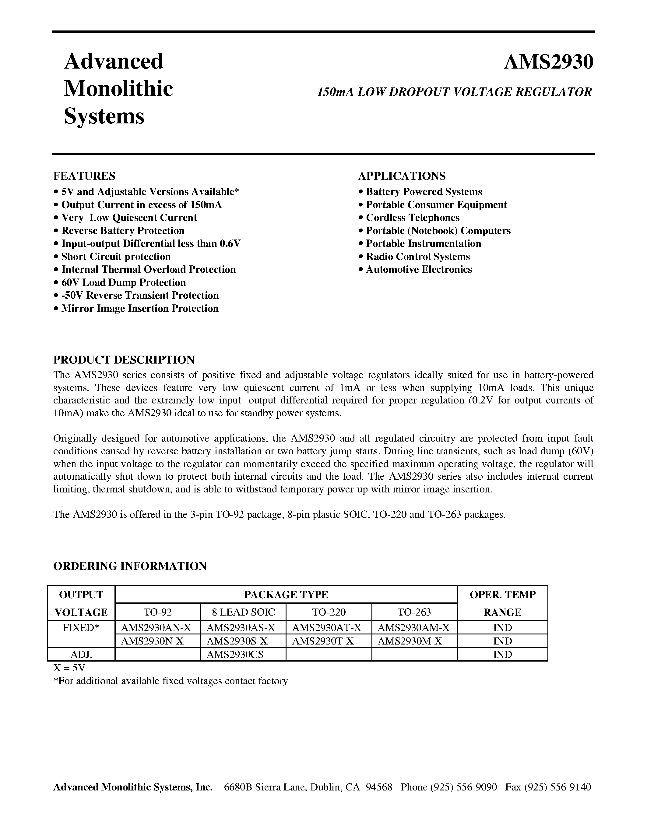 Datasheet AMS2930S-X - 150mA LOW DROPOUT VOLTAGE REGULATOR page 1