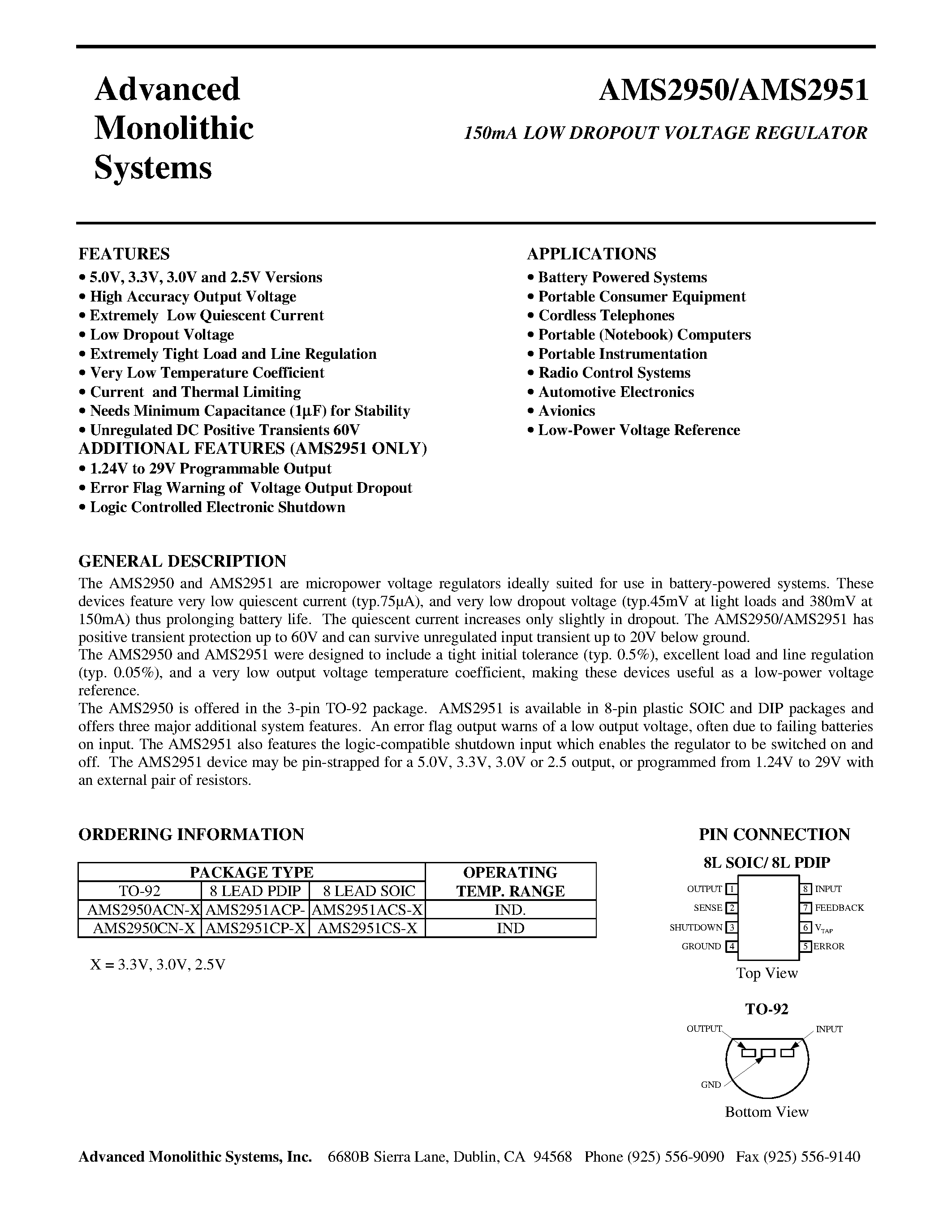 Datasheet AMS2950CN-X - 150mA LOW DROPOUT VOLTAGE REGULATOR page 1