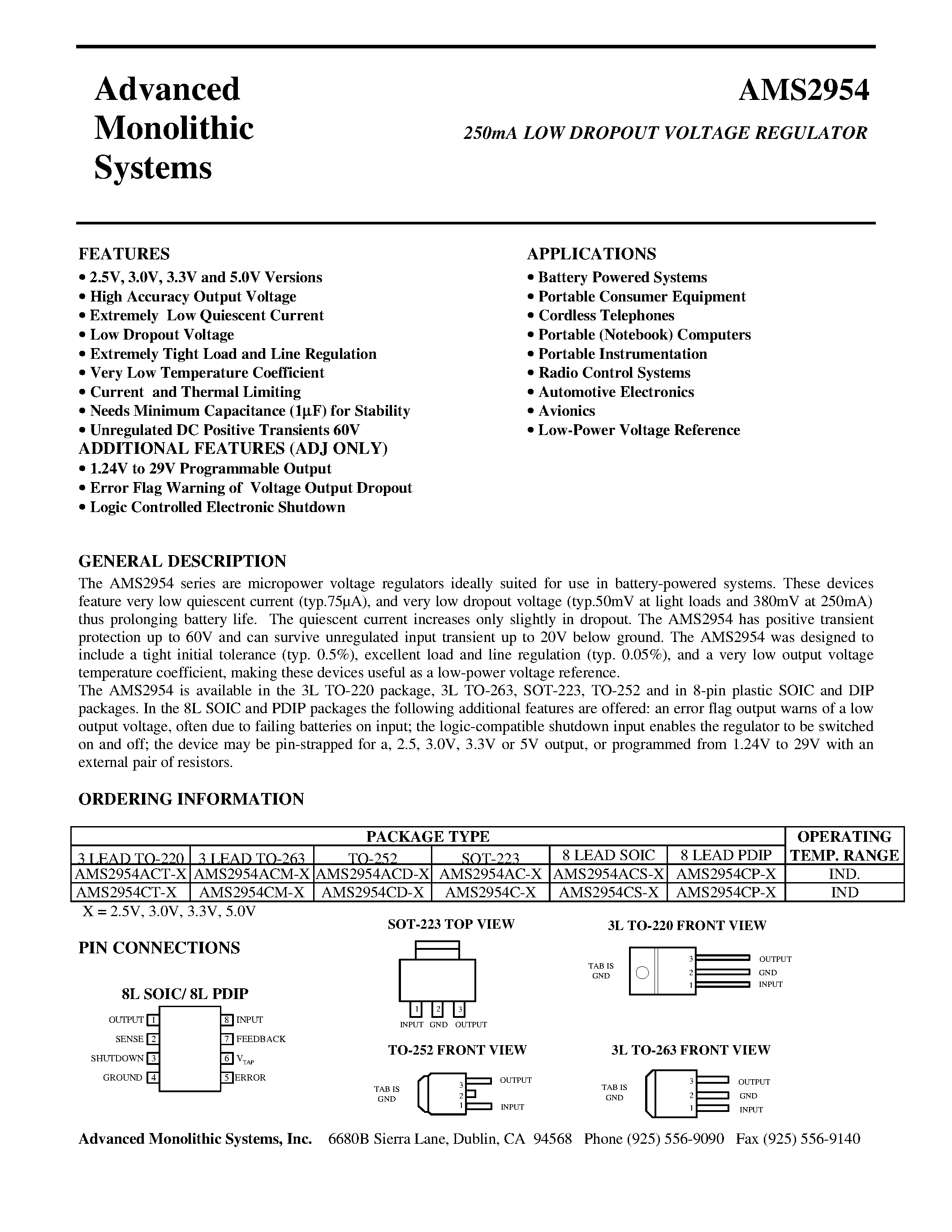 Datasheet AMS2954AC-X - 250mA LOW DROPOUT VOLTAGE REGULATOR page 1