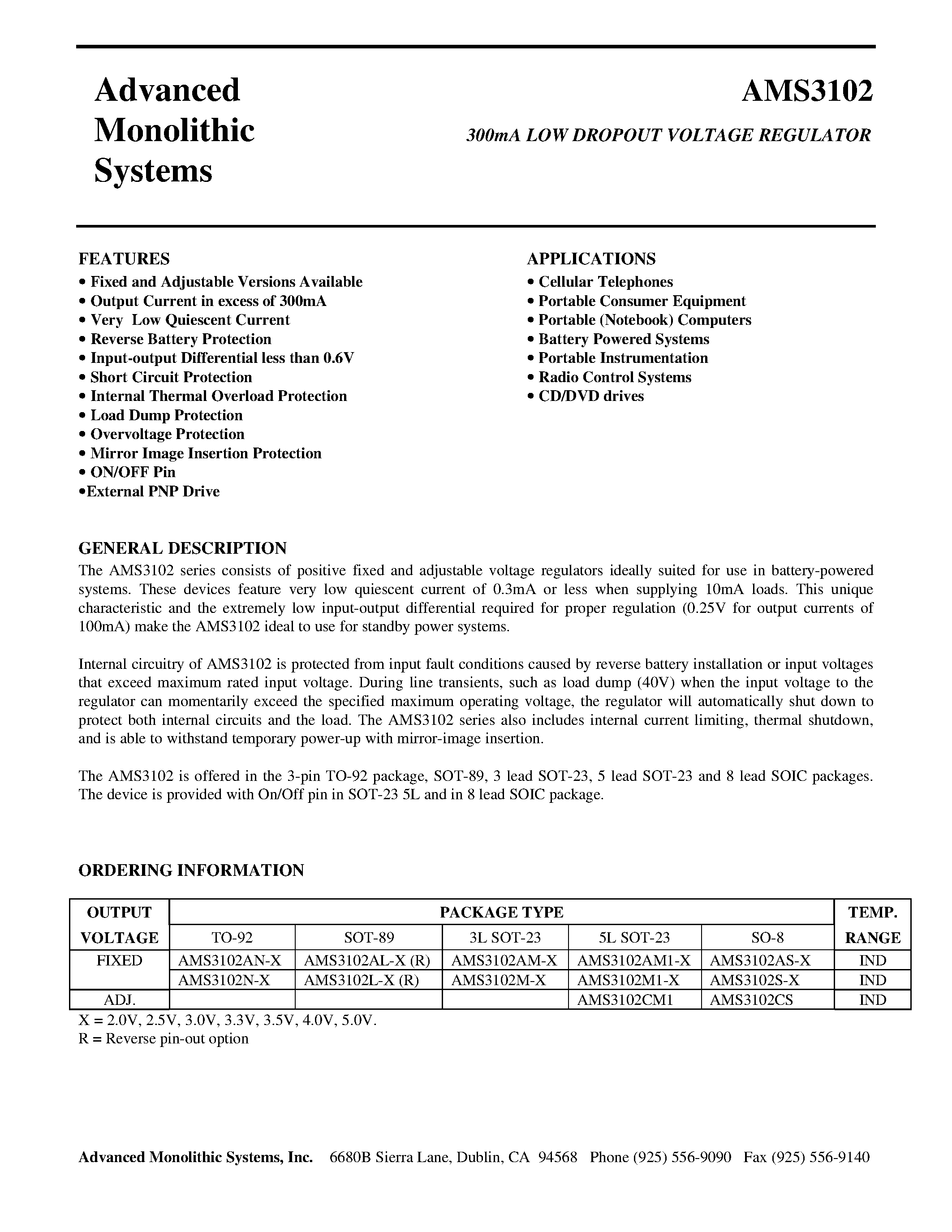 Datasheet AMS3102AM1-X - 300mA LOW DROPOUT VOLTAGE REGULATOR page 1