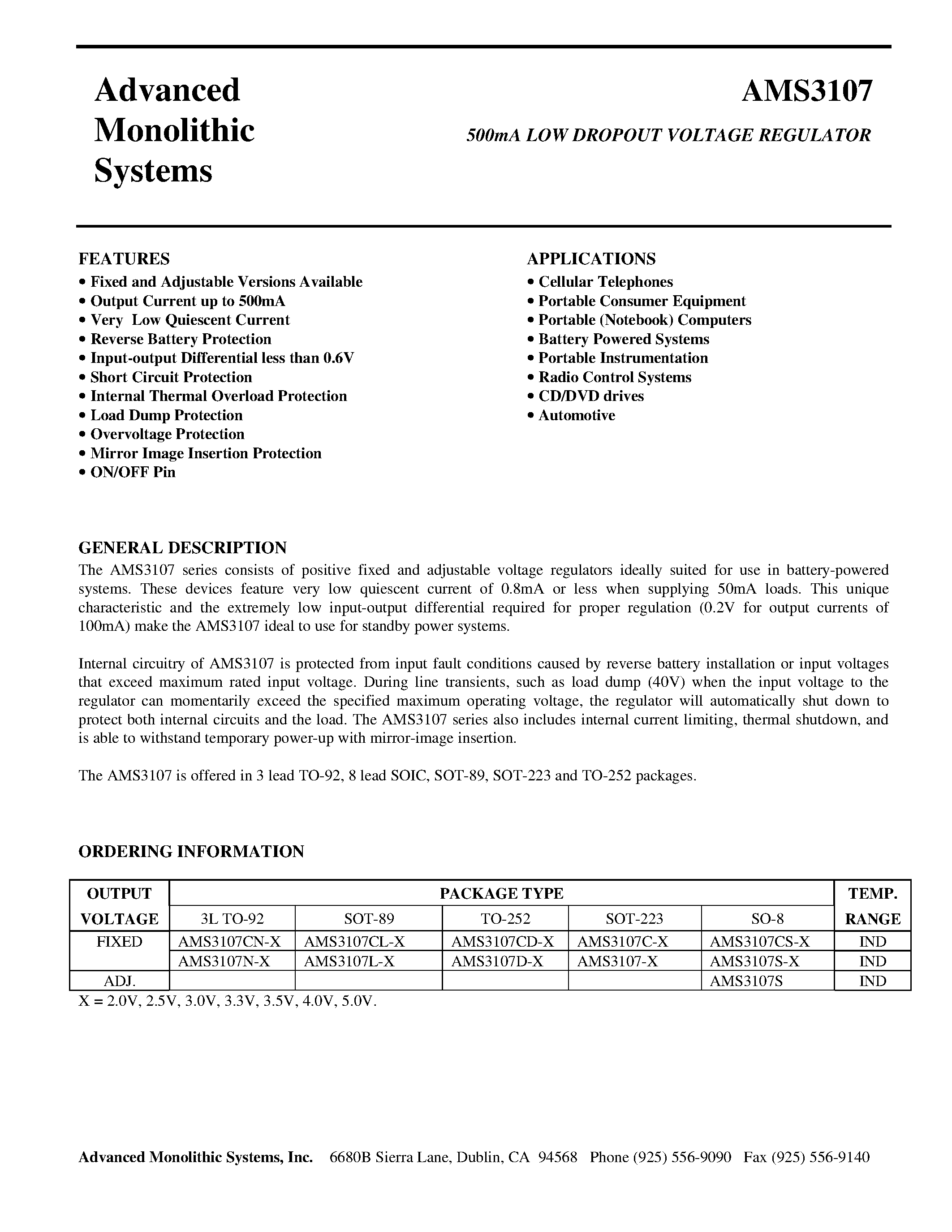 Datasheet AMS3107-X - 500mA LOW DROPOUT VOLTAGE REGULATOR page 1