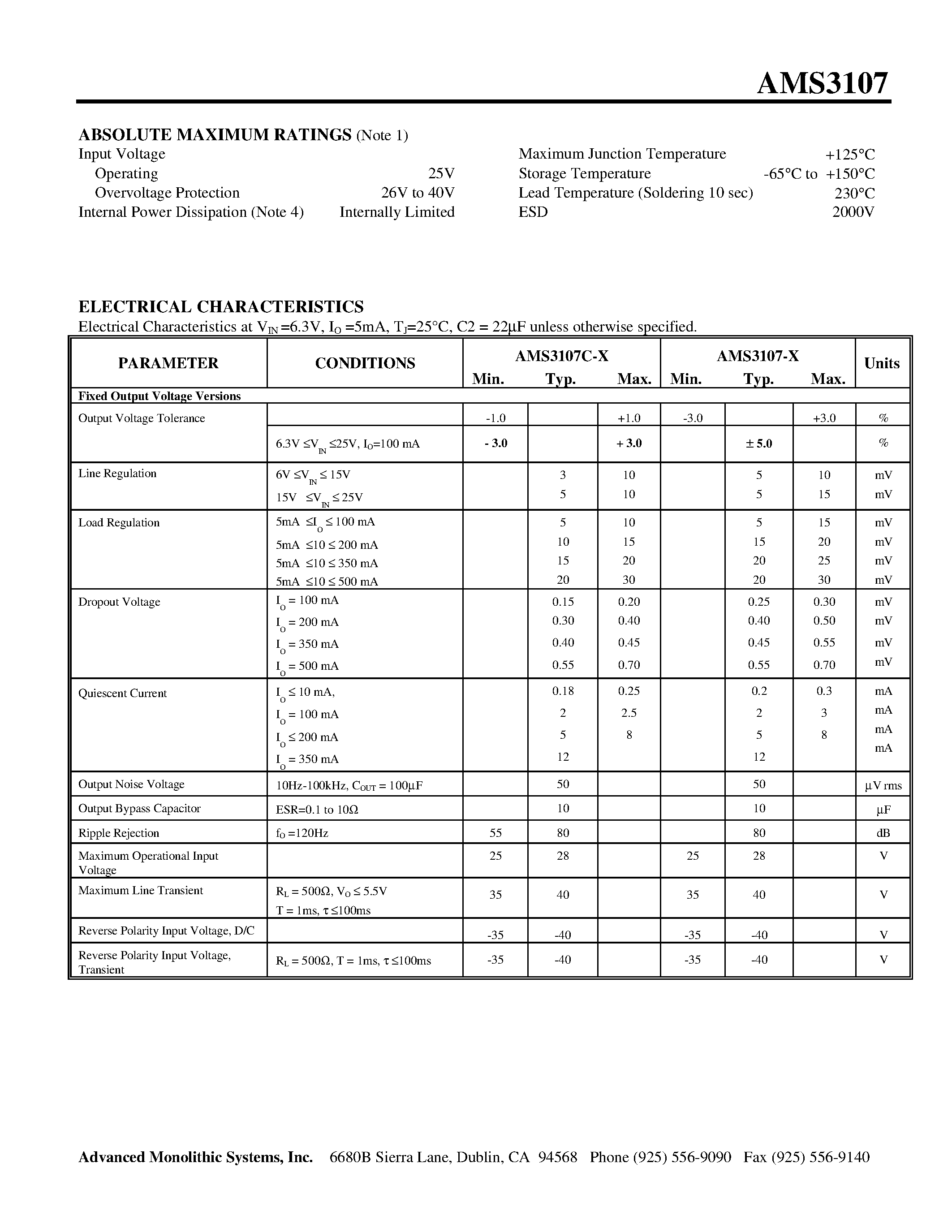 Datasheet AMS3107-X - 500mA LOW DROPOUT VOLTAGE REGULATOR page 2