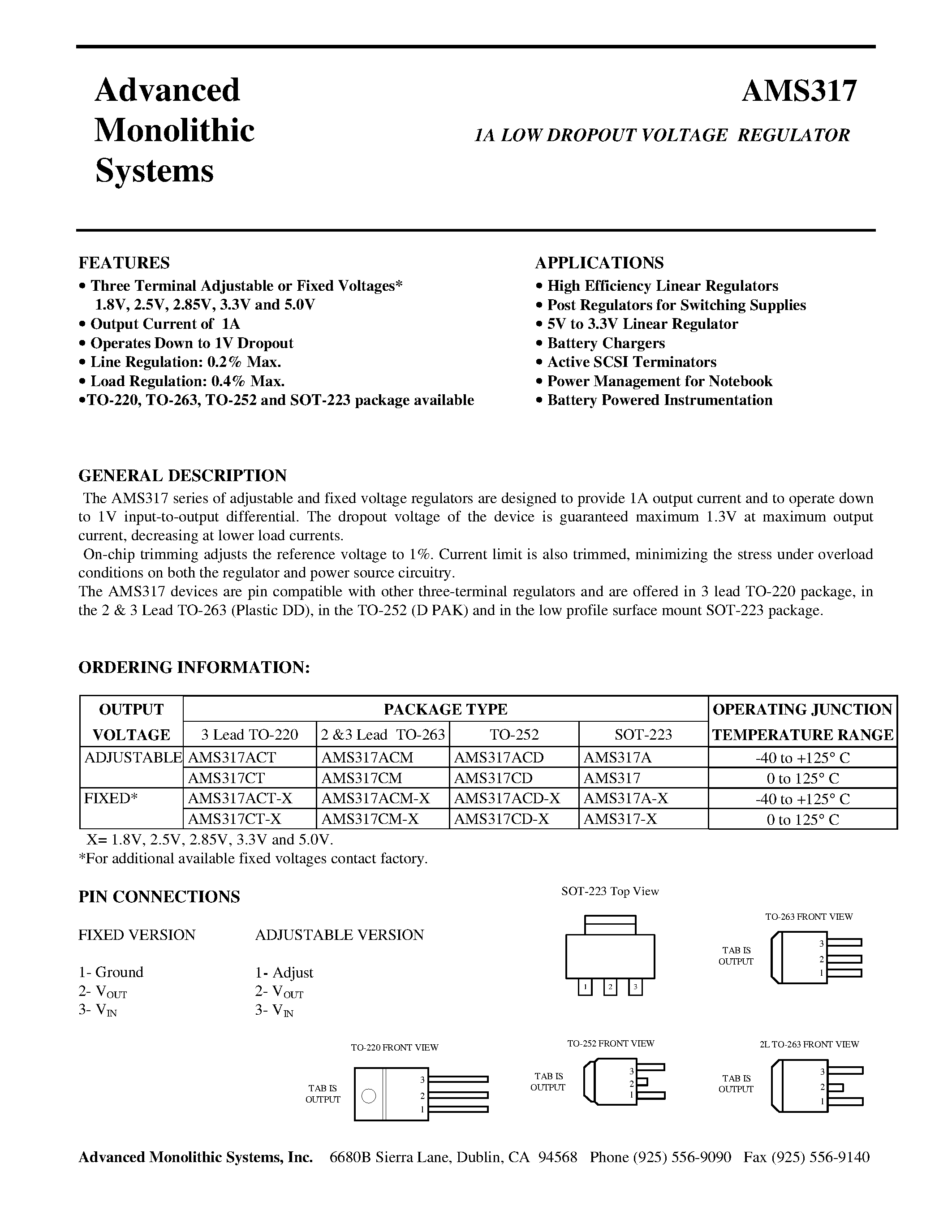 Datasheet AMS317-X - 1A LOW DROPOUT VOLTAGE REGULATOR page 1