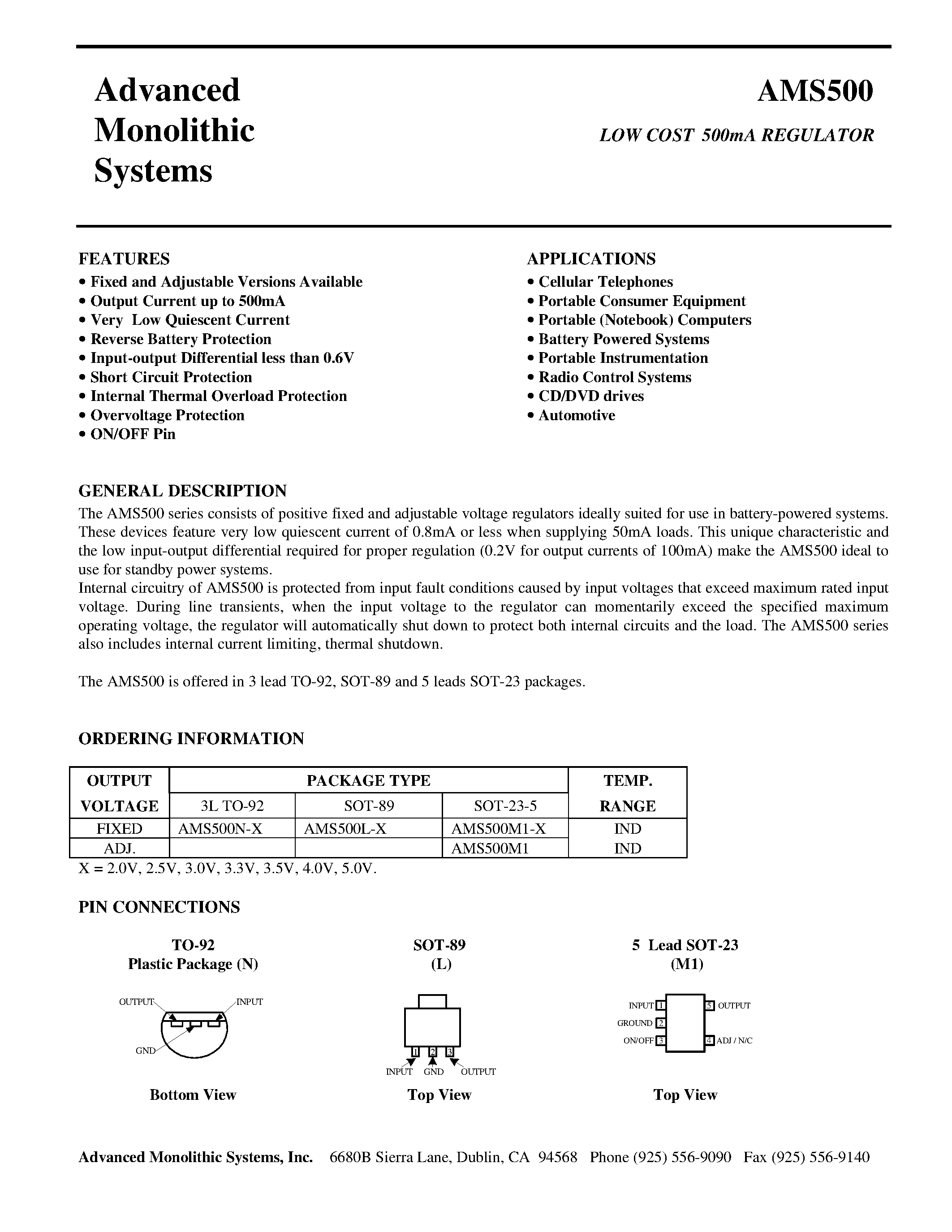 Datasheet AMS500M1-X - LOW COST 500mA REGULATOR page 1