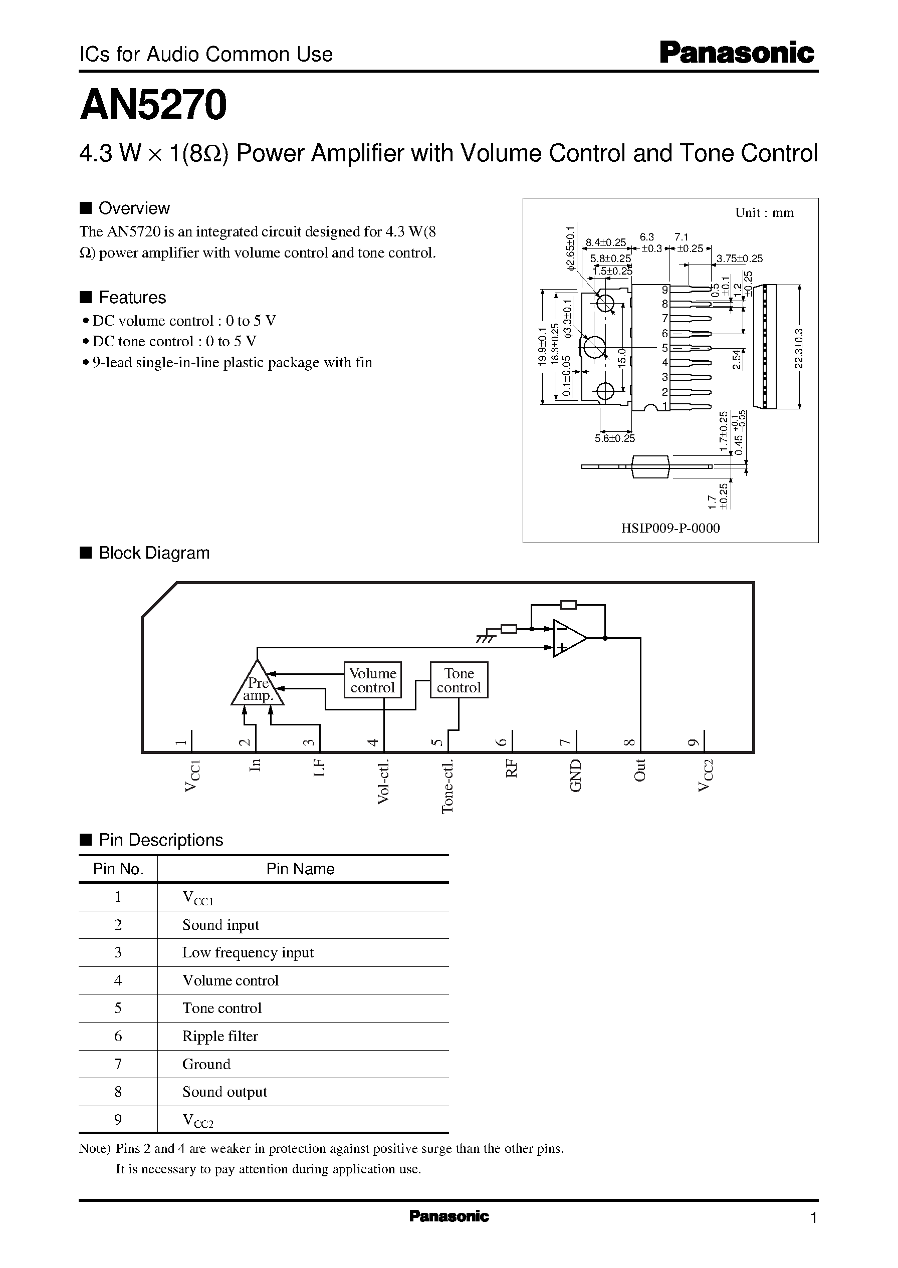 Даташит AN5270 - 4.3 W X 1(8ohm) Power Amplifier with Volume Control and Tone Control страница 1