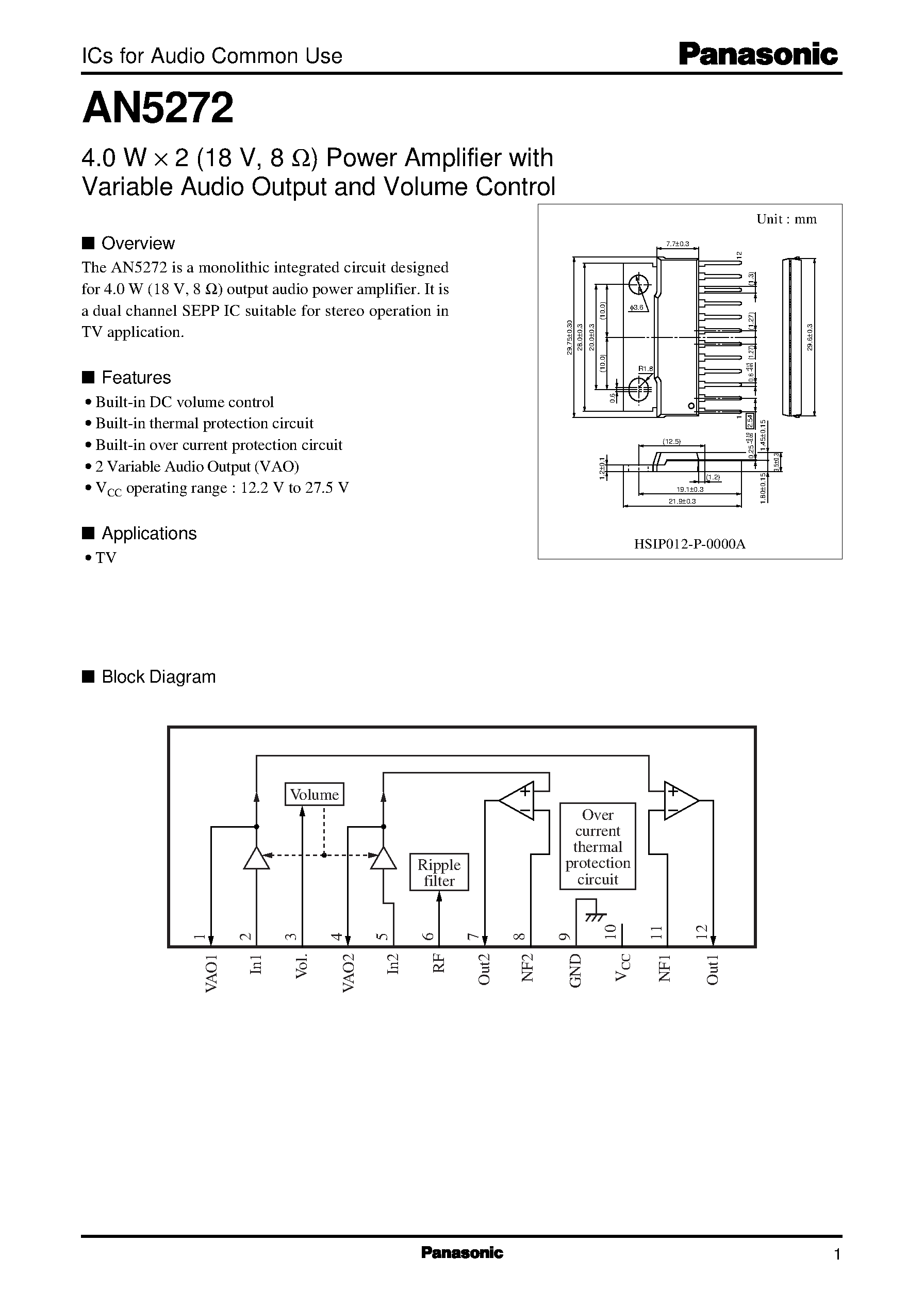 Даташит AN5272 - 4.0 W X 2 (18 V/ 8 ohm) Power Amplifier with Variable Audio Output and Volume Control страница 1