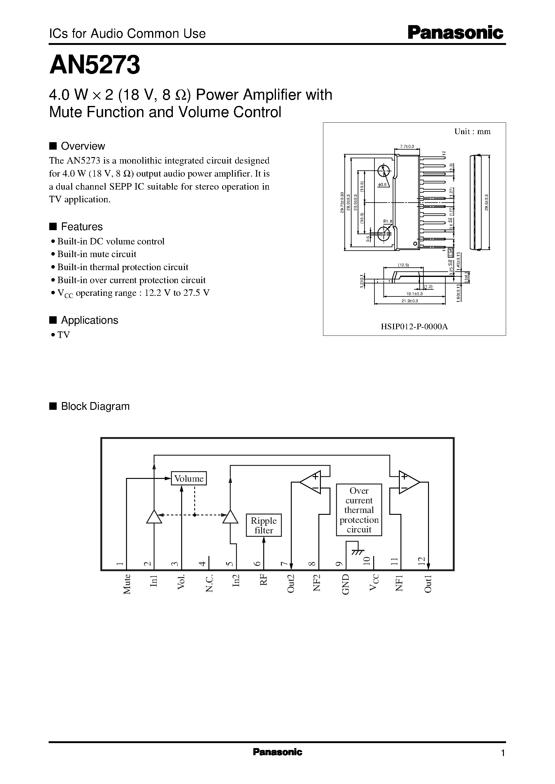 Даташит AN5273 - 4.0 W X 2 (18 V/ 8 ohm) Power Amplifier with Mute Function and Volume Control страница 1