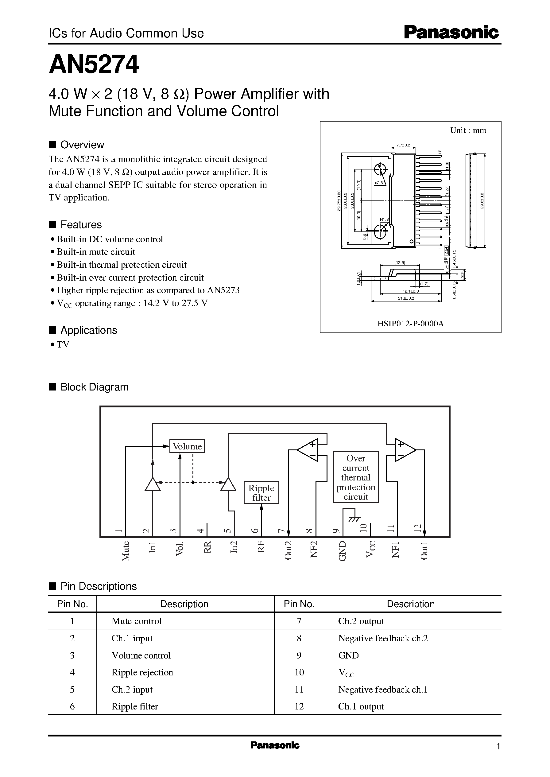 Даташит AN5274 - 4.0 W X 2 (18 V/ 8 ohm) Power Amplifier with Mute Function and Volume Control страница 1