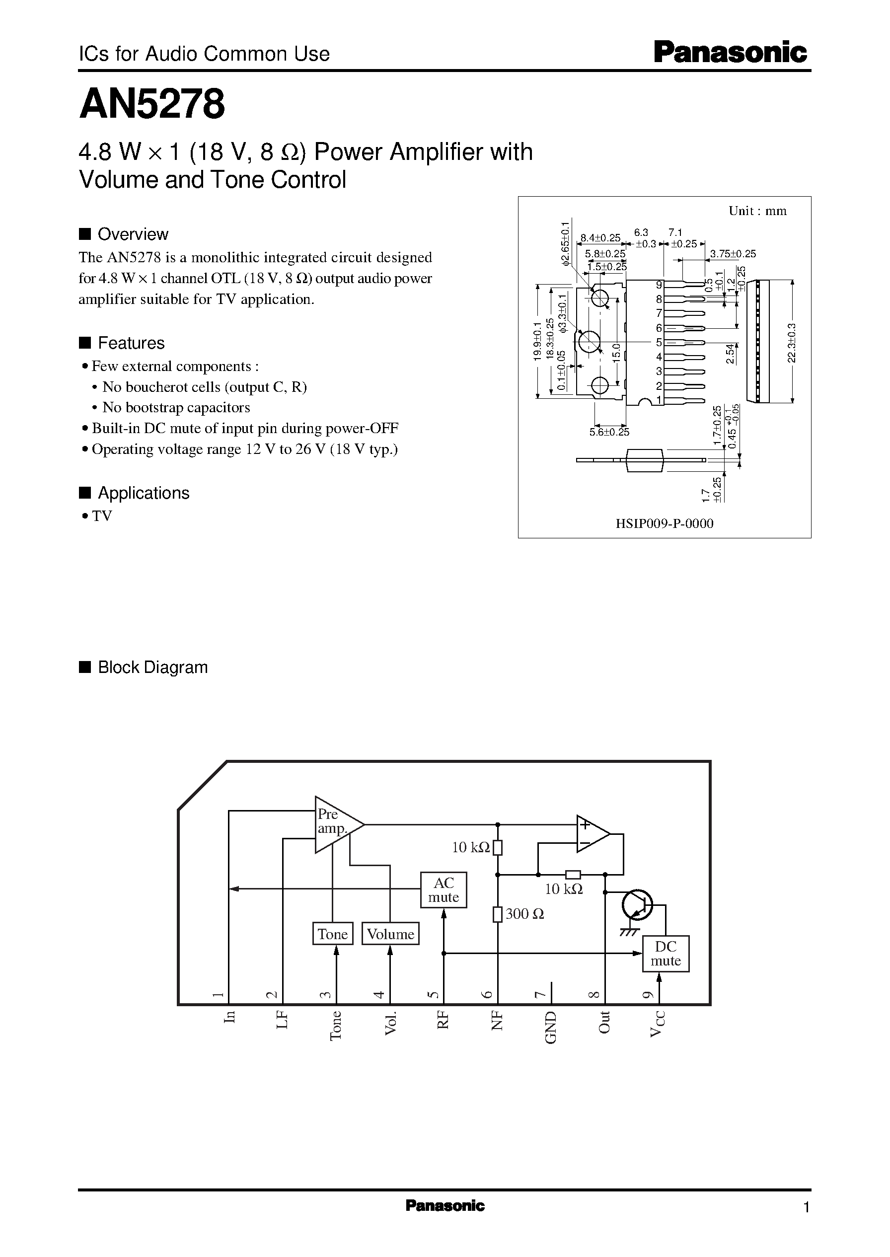 Даташит AN5278 - 4.8 W X 1 (18 V/ 8 ohm) Power Amplifier with Volume and Tone Control страница 1