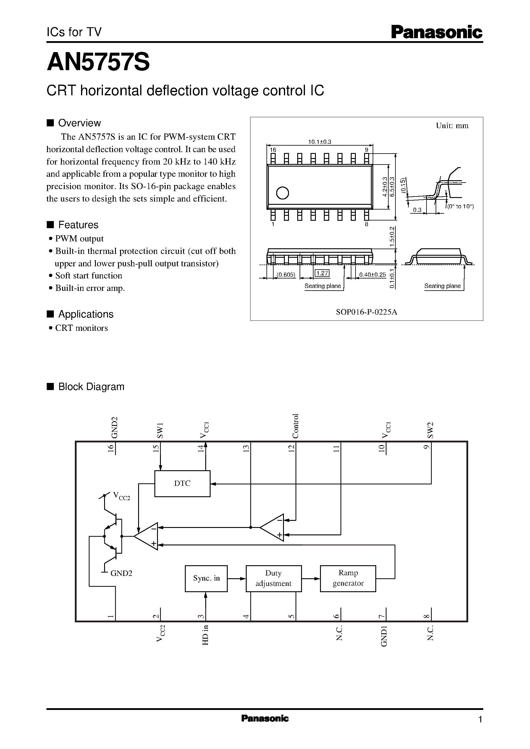 Datasheet AN5763 - VERTICAL DEFLECTION SIGNAL PROCESSING AND OUTPUT IC FOR B/W TV page 1