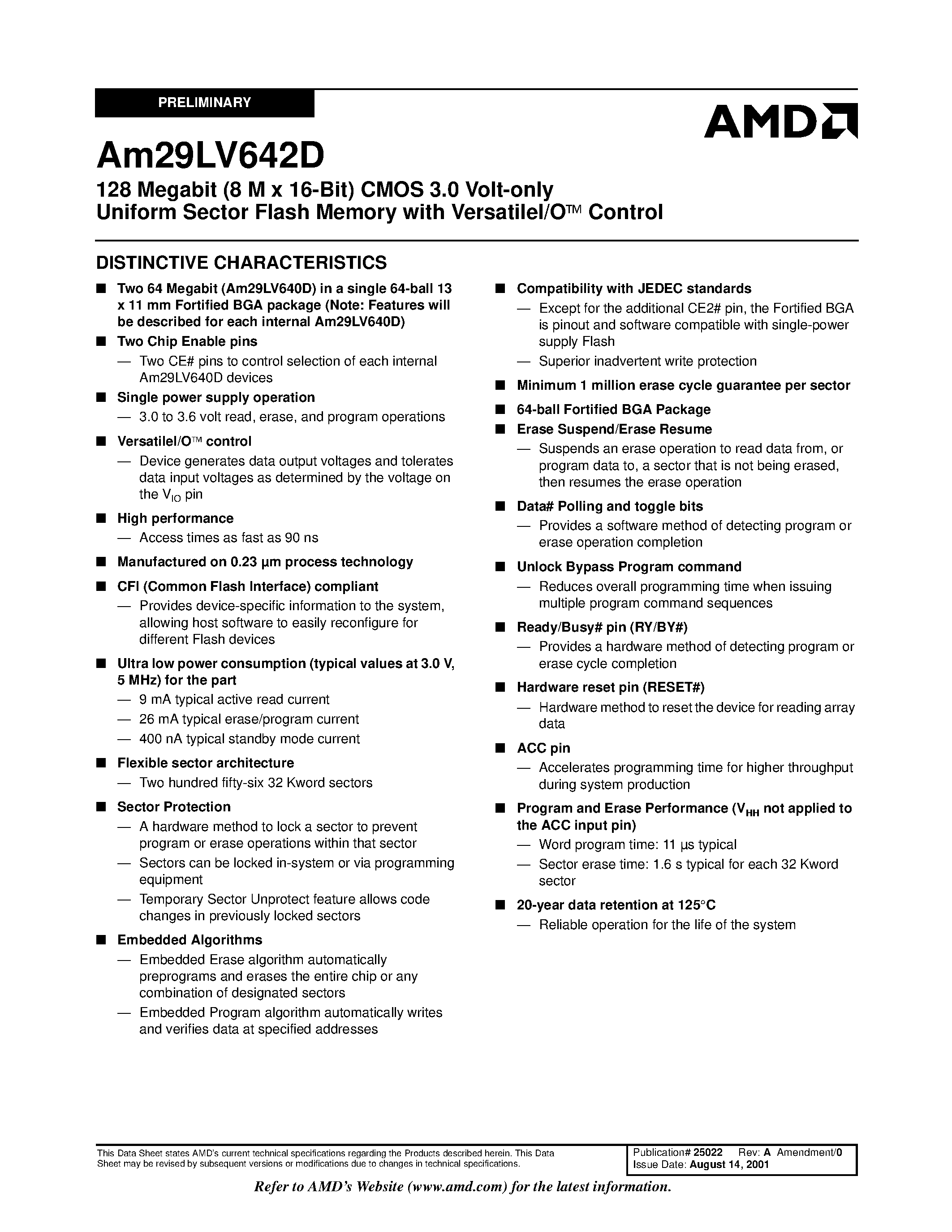 Даташит AM29LV642DU12RPAI - 128 Megabit (8 M x 16-Bit) CMOS 3.0 Volt-only Uniform Sector Flash Memory with VersatileI/O Control страница 2