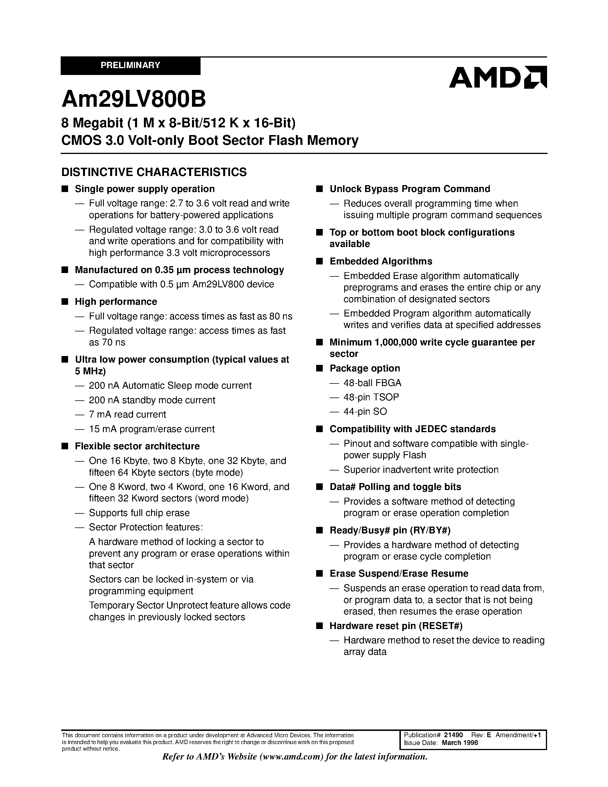 Даташит Am29LV800BB80FEB - 8 Megabit (1 M x 8-Bit/512 K x 16-Bit) CMOS 3.0 Volt-only Boot Sector Flash Memory страница 1