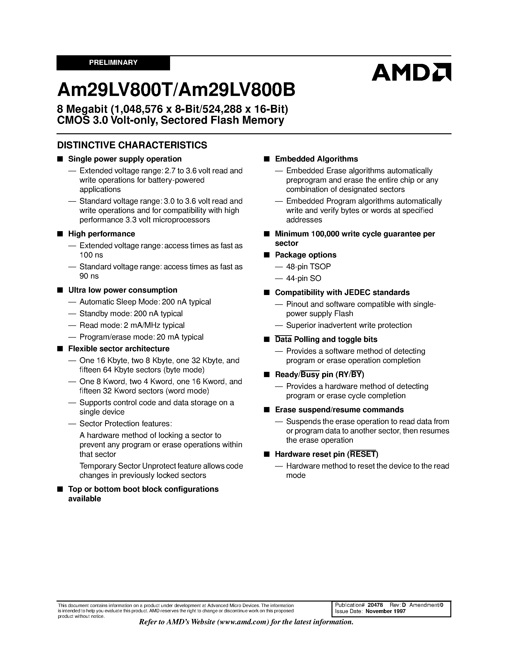 Даташит Am29LV800T-100 - 8 Megabit (1/048/576 x 8-Bit/524/288 x 16-Bit) CMOS 3.0 Volt-only/ Sectored Flash Memory страница 1