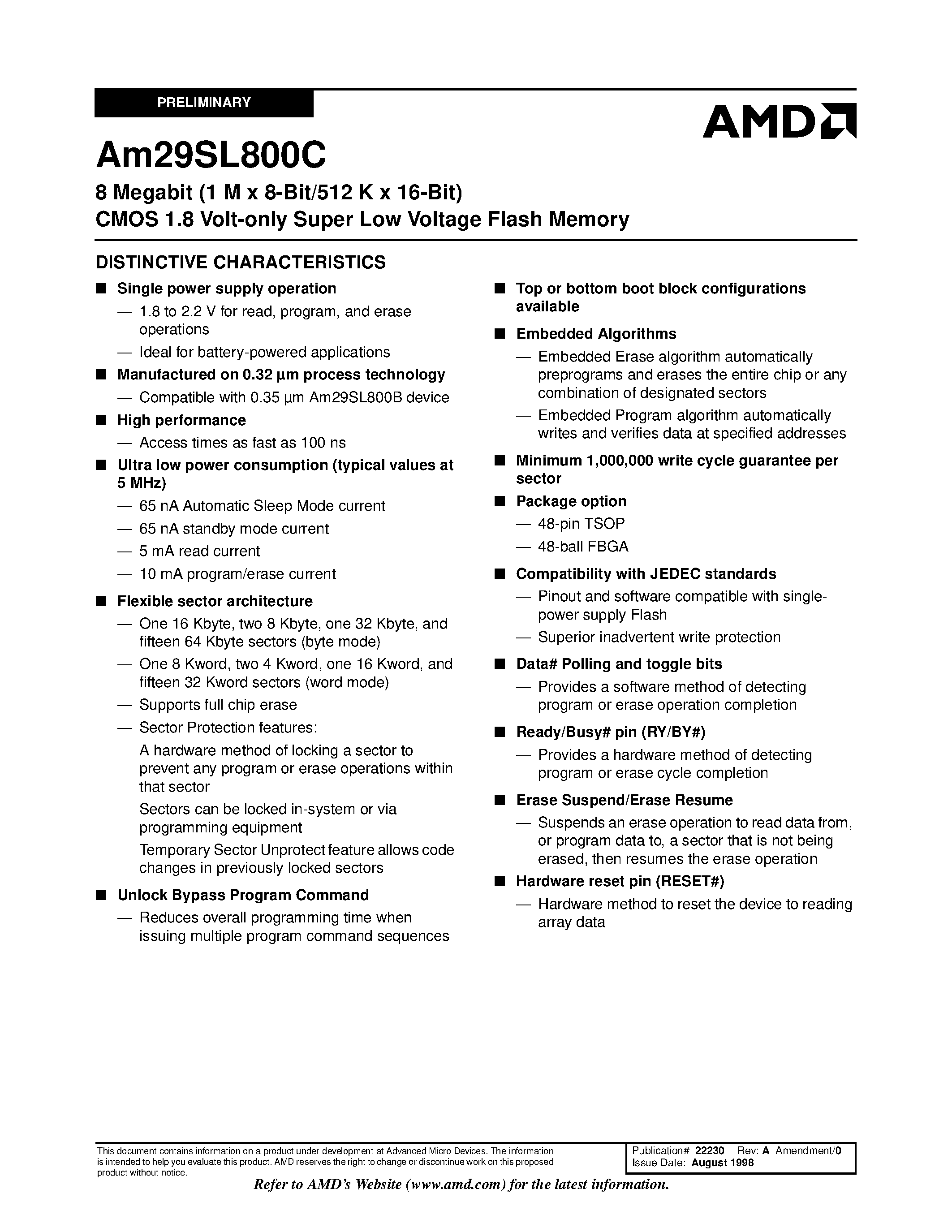 Datasheet Am29SL800CT120FIB - 8 Megabit (1 M x 8-Bit/512 K x 16-Bit) CMOS 1.8 Volt-only Super Low Voltage Flash Memory page 1