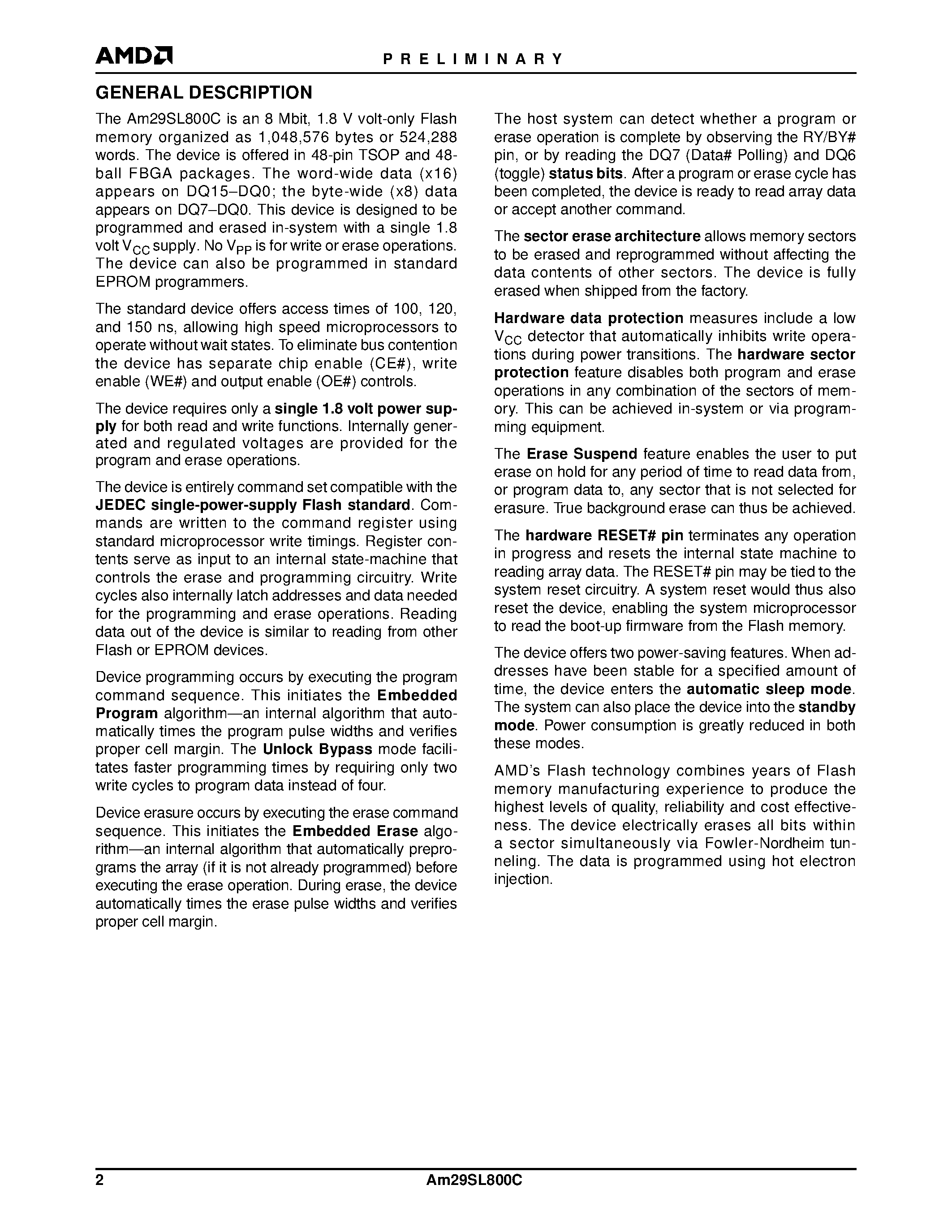 Datasheet Am29SL800CT120FIB - 8 Megabit (1 M x 8-Bit/512 K x 16-Bit) CMOS 1.8 Volt-only Super Low Voltage Flash Memory page 2