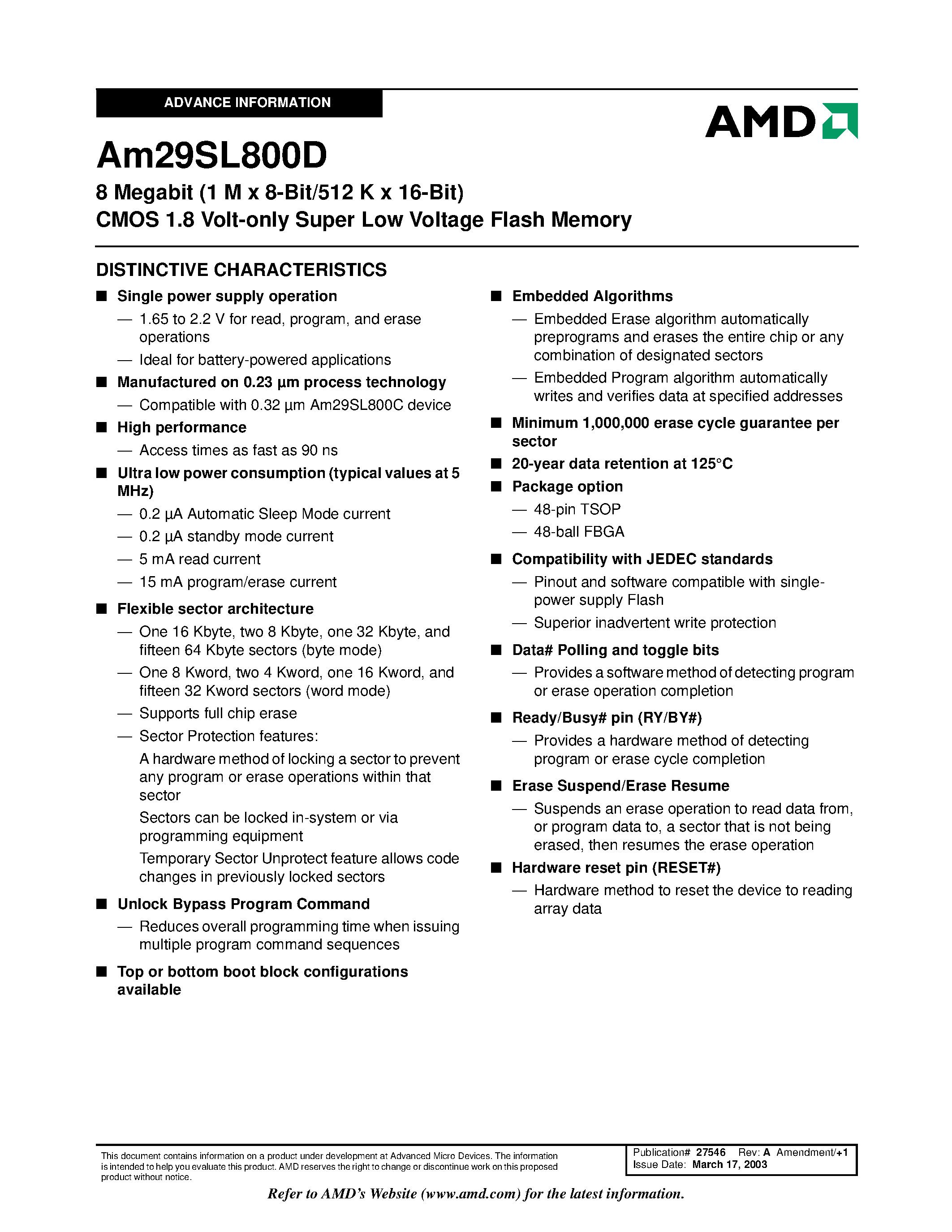 Datasheet AM29SL800D - 8 Megabit (1 M x 8-Bit/512 K x 16-Bit) CMOS 1.8 Volt-only Super Low Voltage Flash Memory page 2