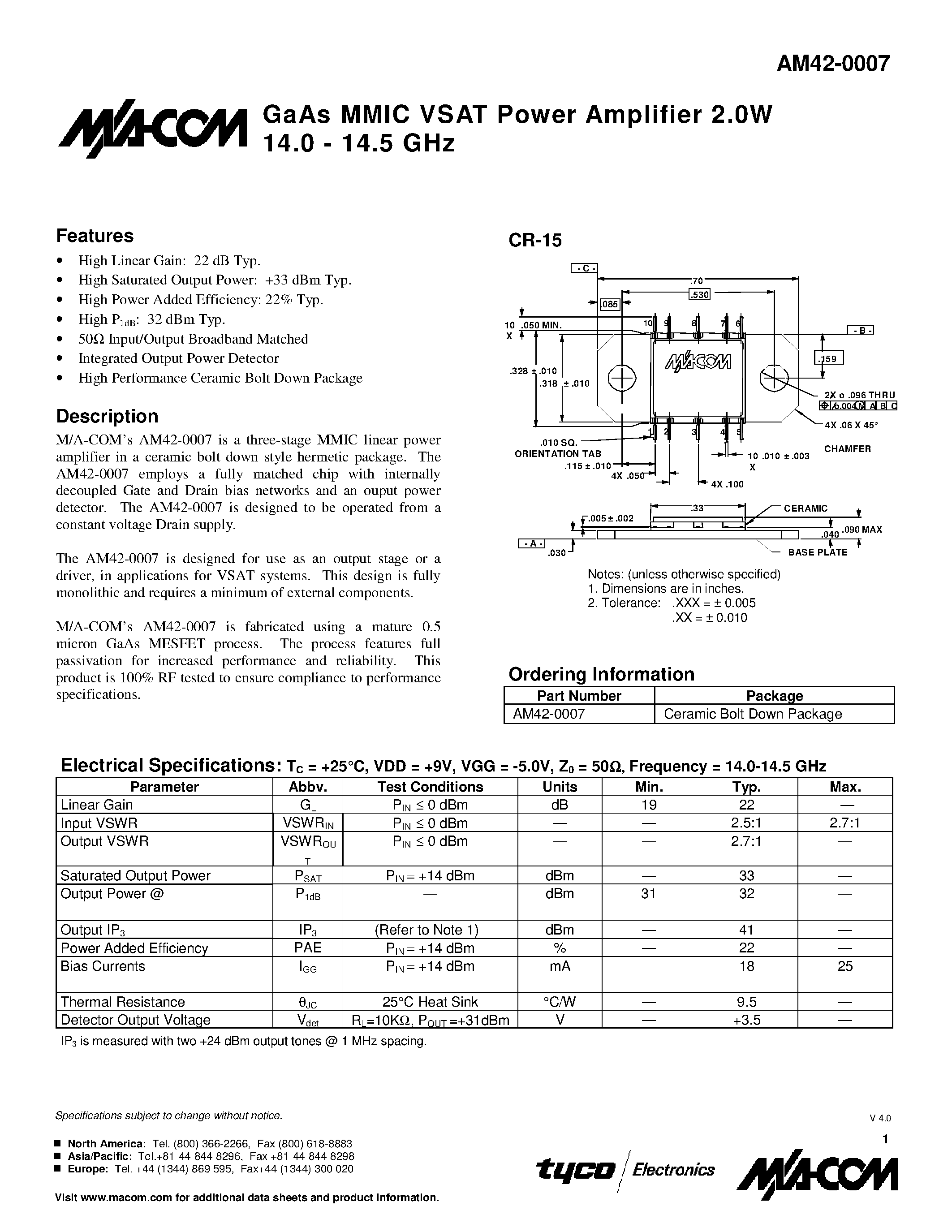 Datasheet AM42-0007 - GaAs MMIC VSAT Power Amplifier 2.0W 14.0 - 14.5 GHz page 1