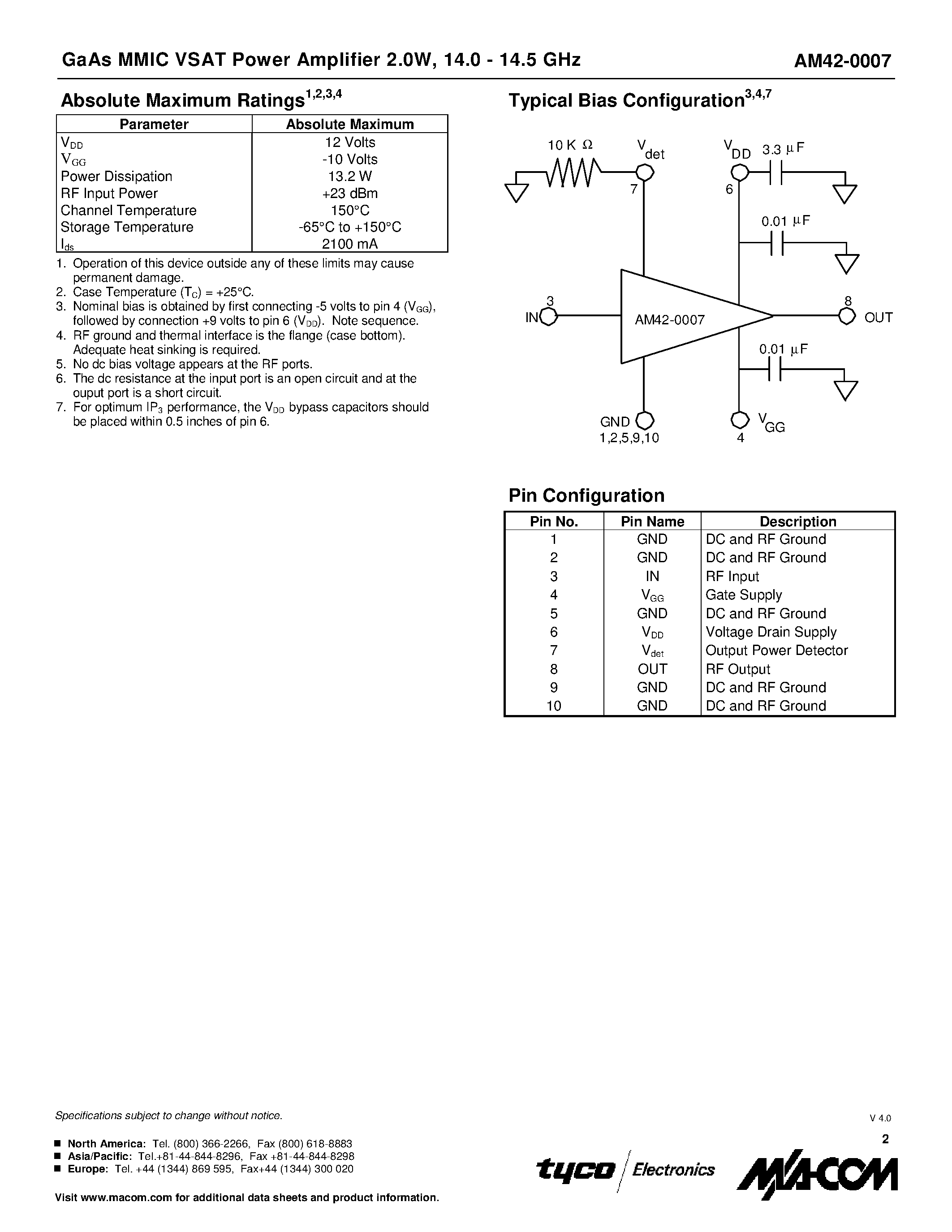 Datasheet AM42-0007 - GaAs MMIC VSAT Power Amplifier 2.0W 14.0 - 14.5 GHz page 2