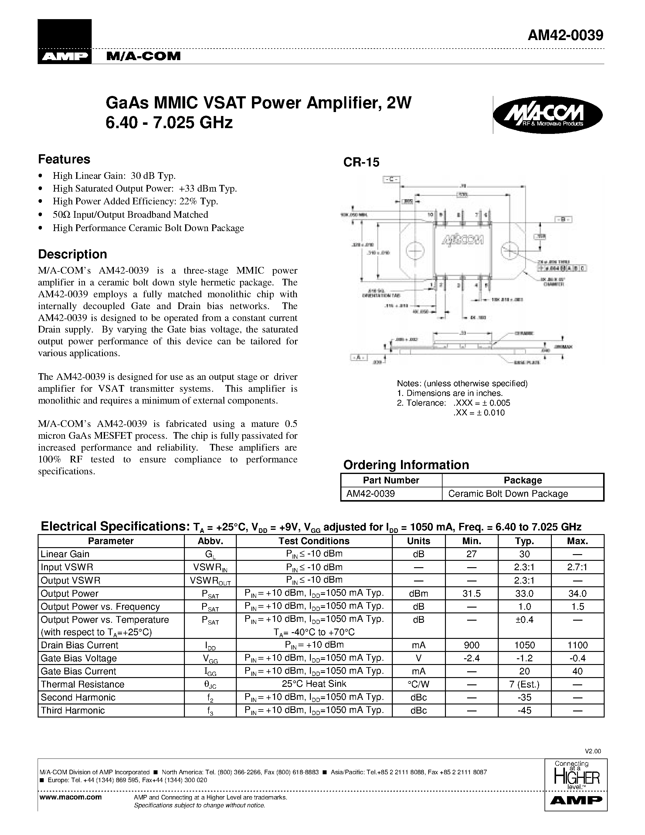 Datasheet AM42-0039 - GaAs MMIC VSAT Power Amplifier/ 2W 6.40 - 7.025 GHz page 1