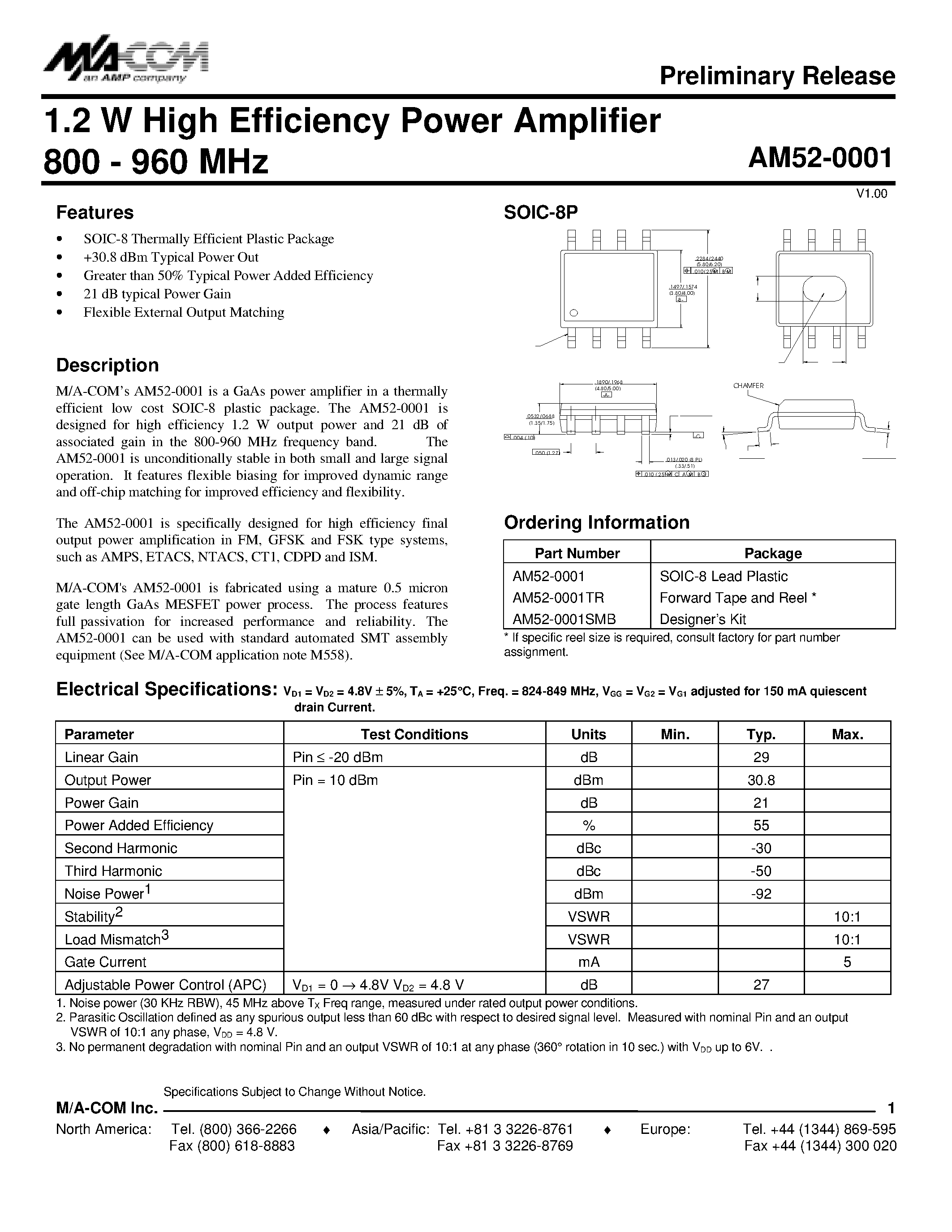 Datasheet AM52-0001 - 1.2 W High Efficiency Power Amplifier 800 - 960 MHz page 1