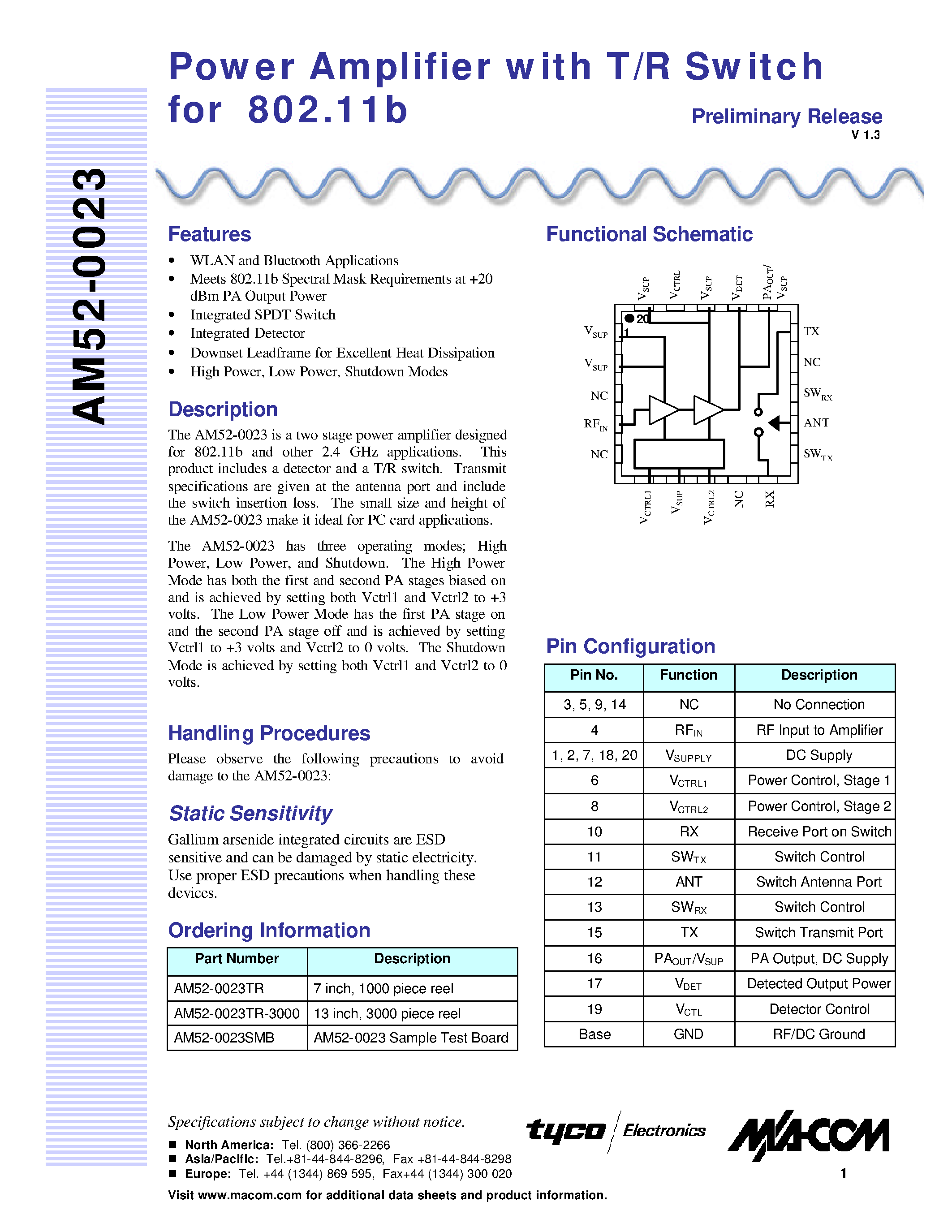 Datasheet AM52-0023 - Power Amplifier with T/R Switch for 802.11b page 1
