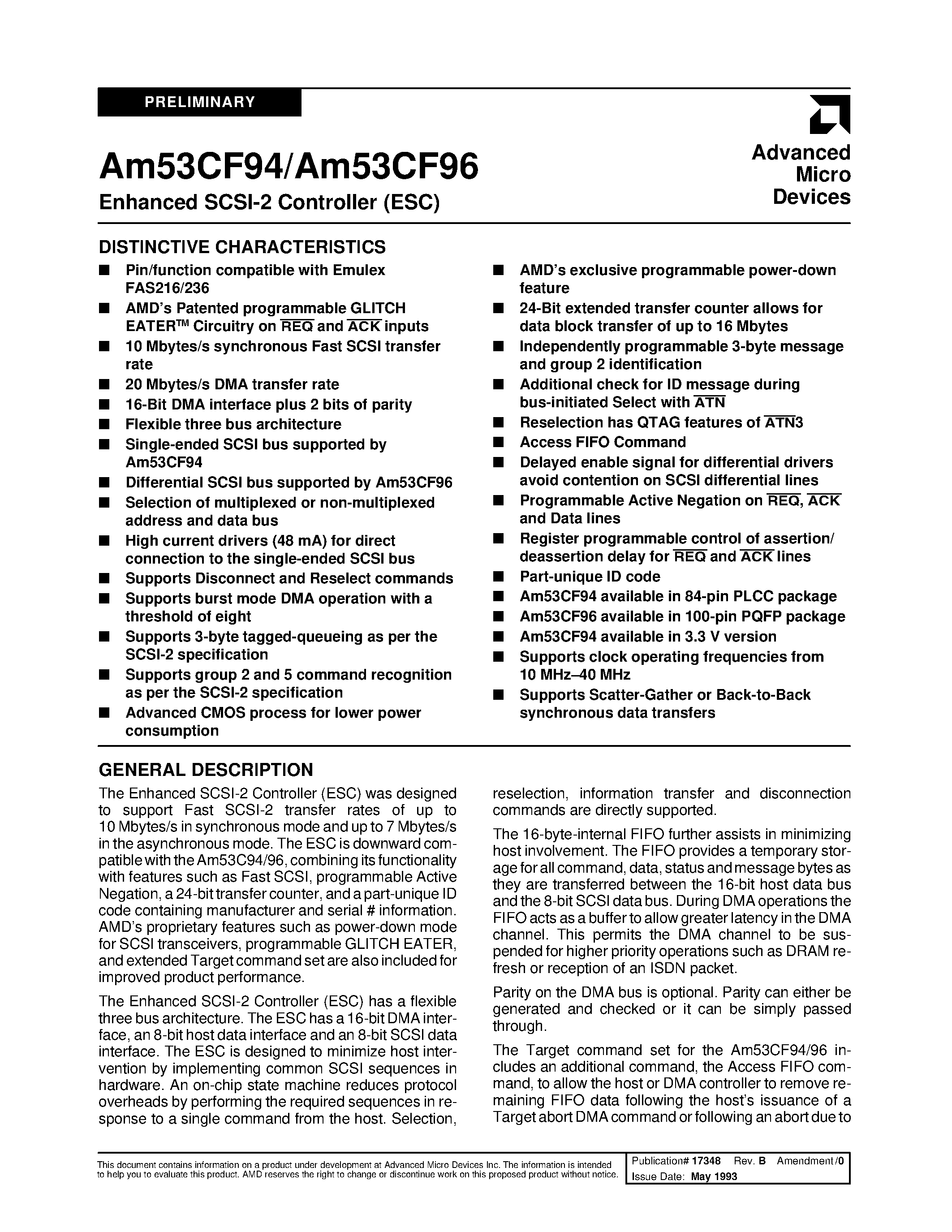 Даташит AM53CF94 - Enhanced SCSI-2 Controller (ESC) страница 1