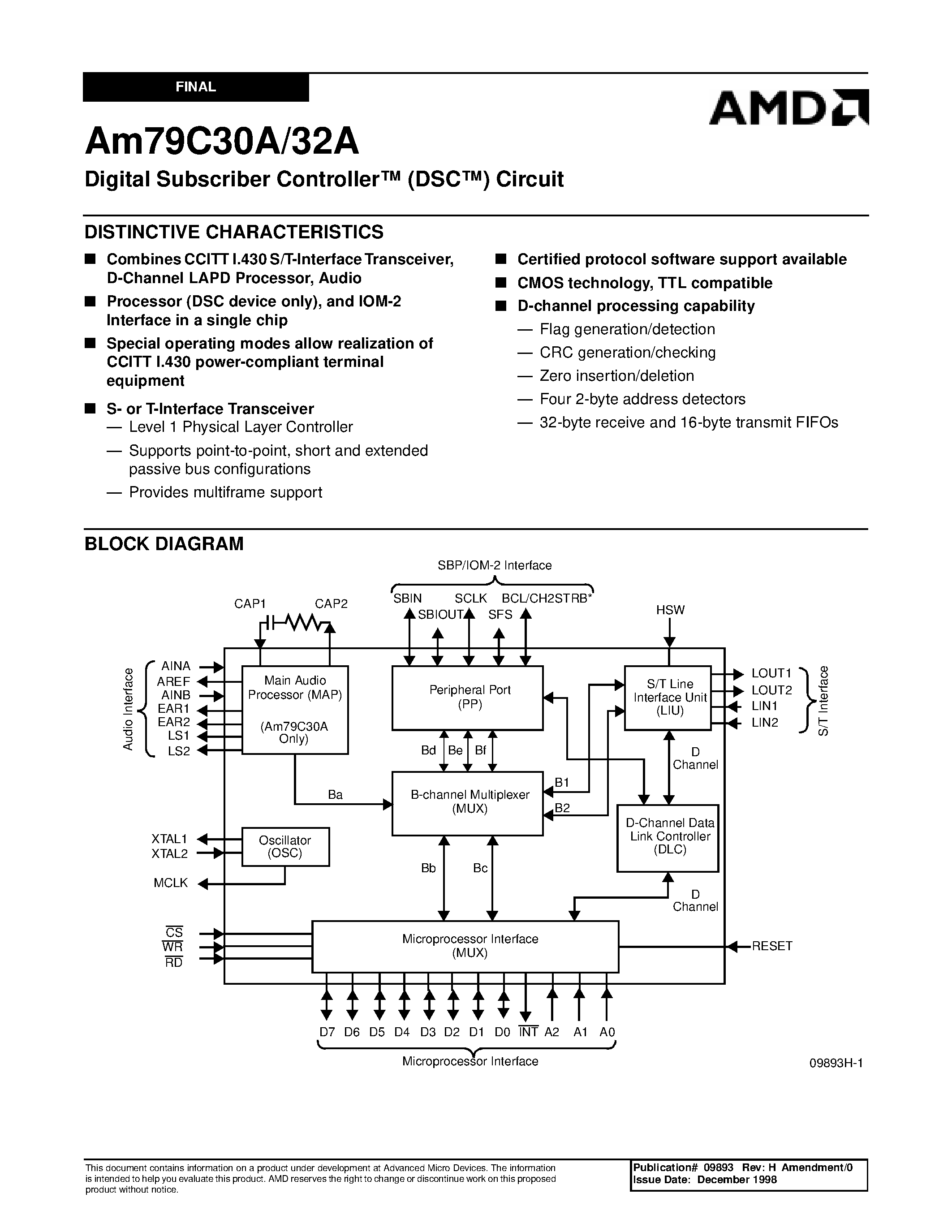 Datasheet AM79C30A - Digital Subscriber Controller (DSC) Circuit page 1