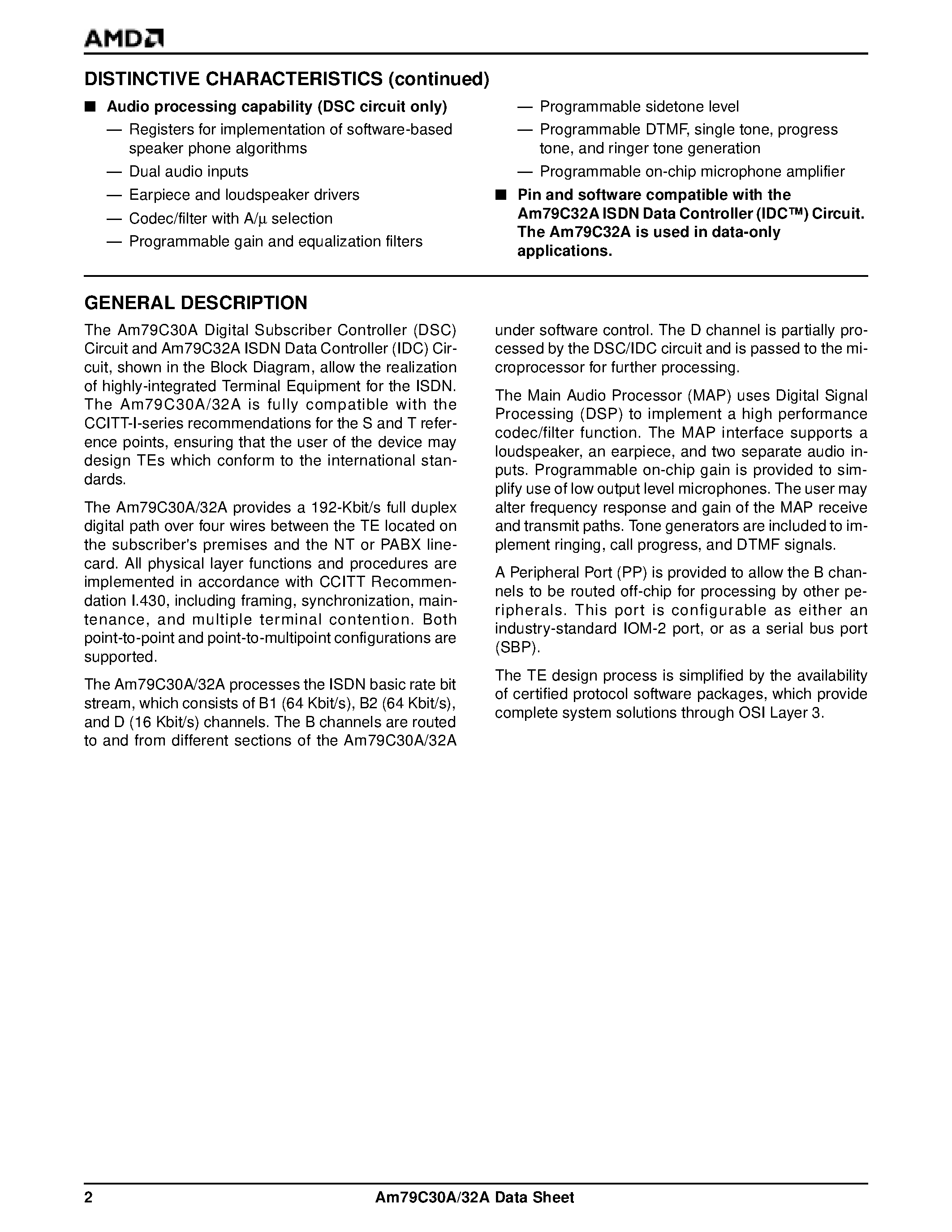 Datasheet AM79C30A - Digital Subscriber Controller (DSC) Circuit page 2