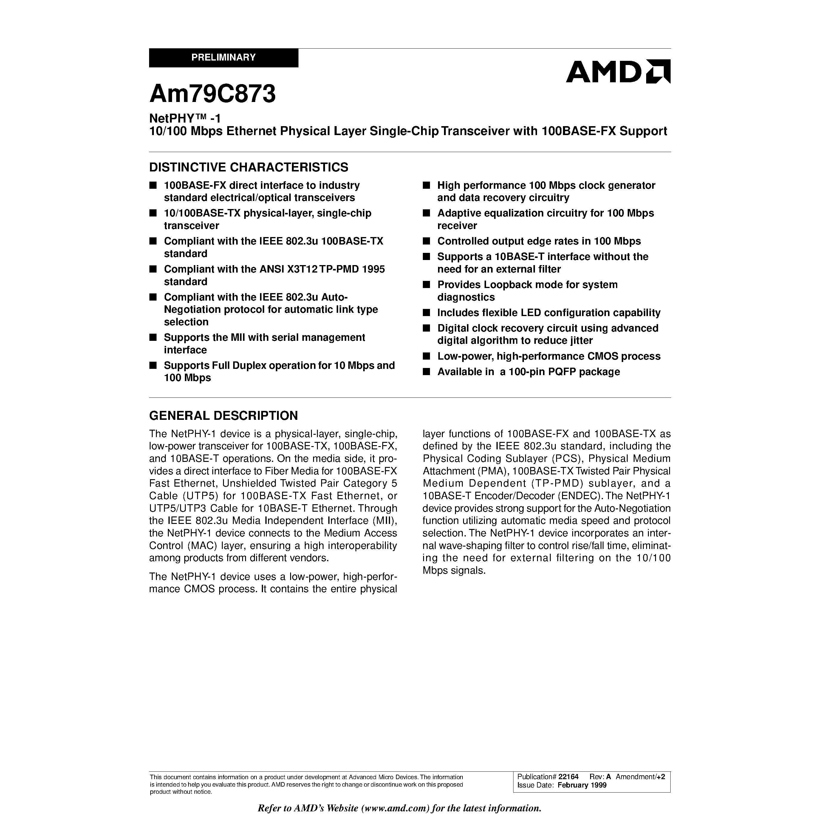 Datasheet AM79C873 - NetPHY -1 10/100 Mbps Ethernet Physical Layer Single-Chip Transceiver with 100BASE-FX Support page 1